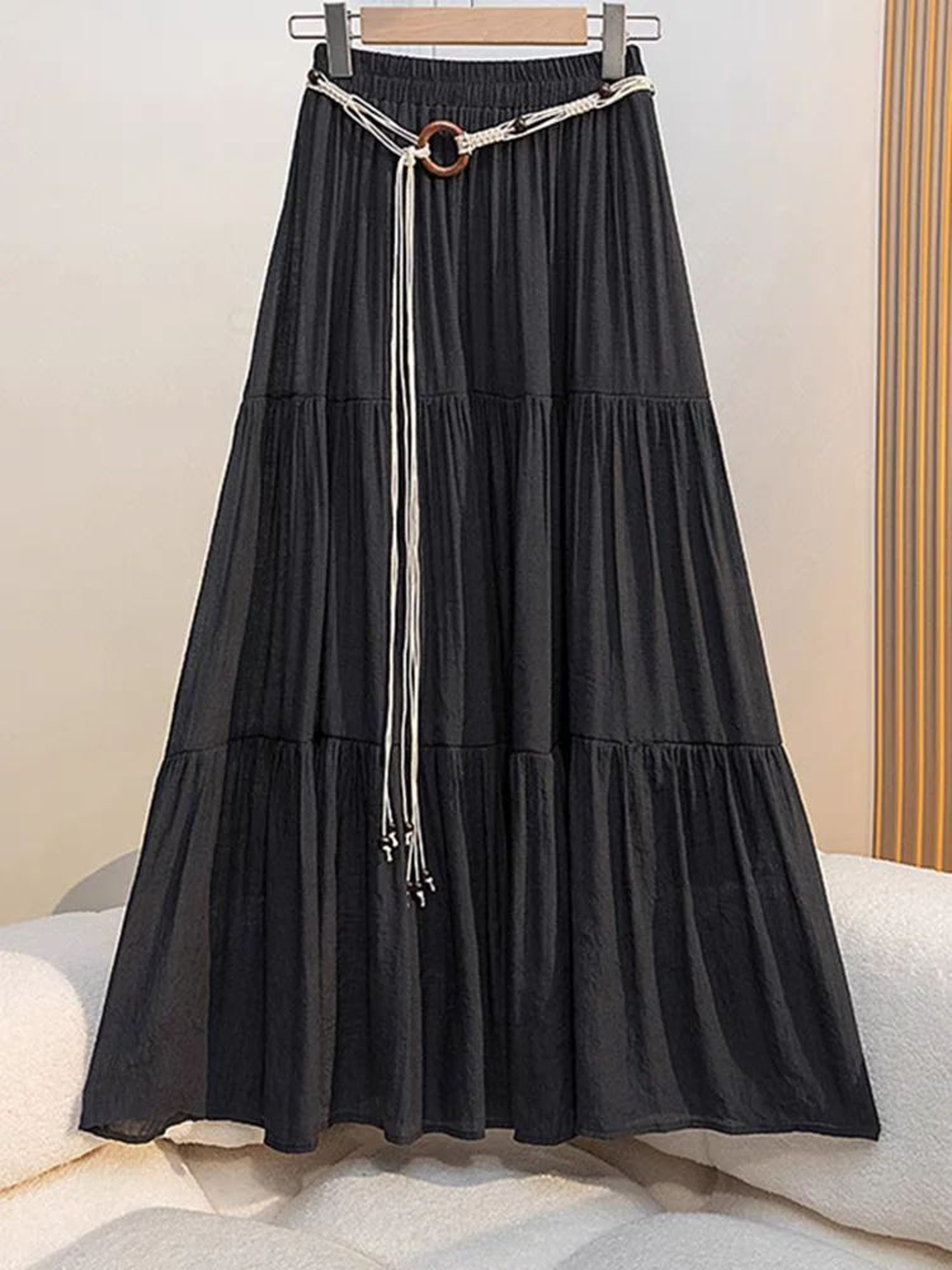 Womens Boho Cotton Linen Midi Skirt Flowy ALine Pleated Summer Skirt 3