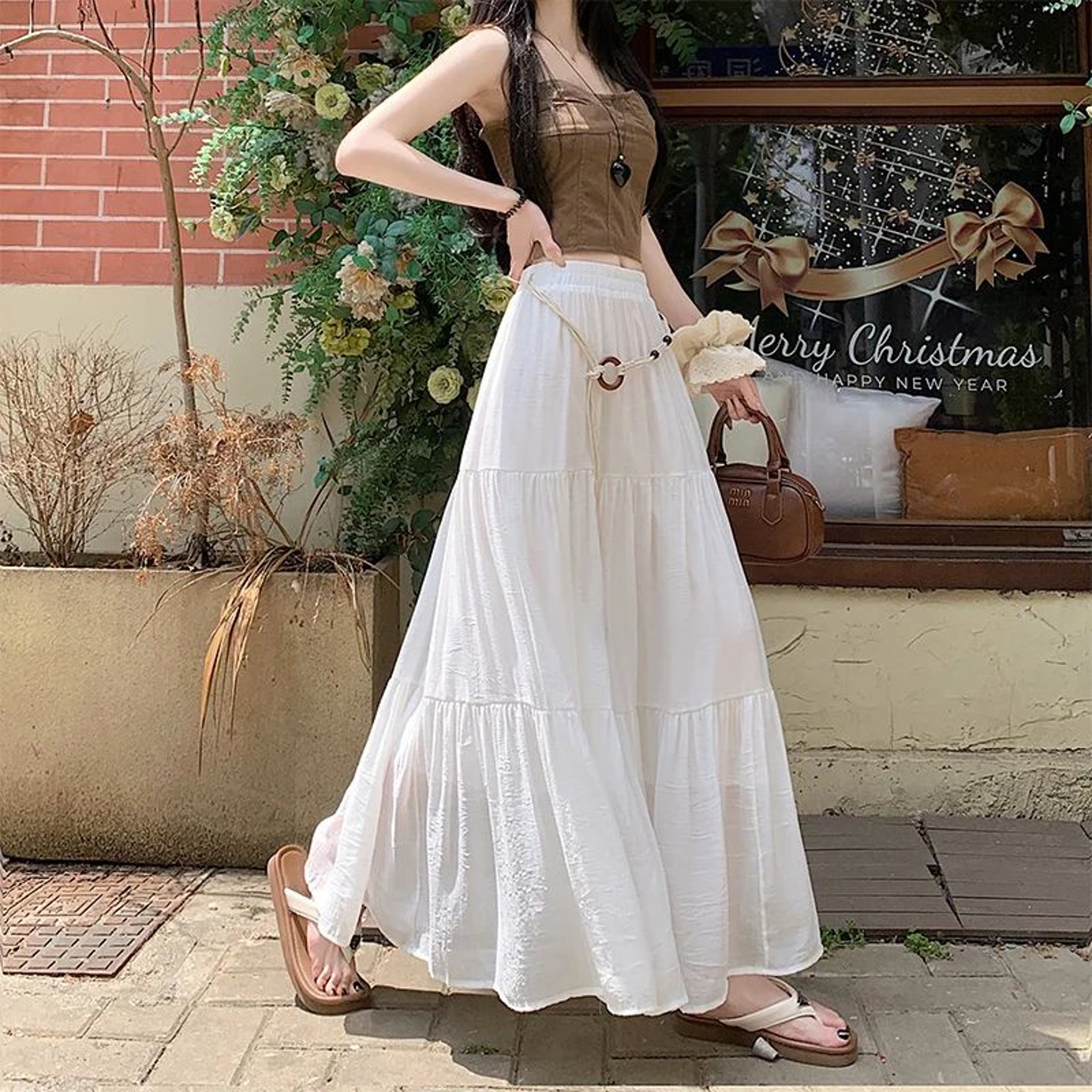 Womens Boho Cotton Linen Midi Skirt Flowy ALine Pleated Summer Skirt 8