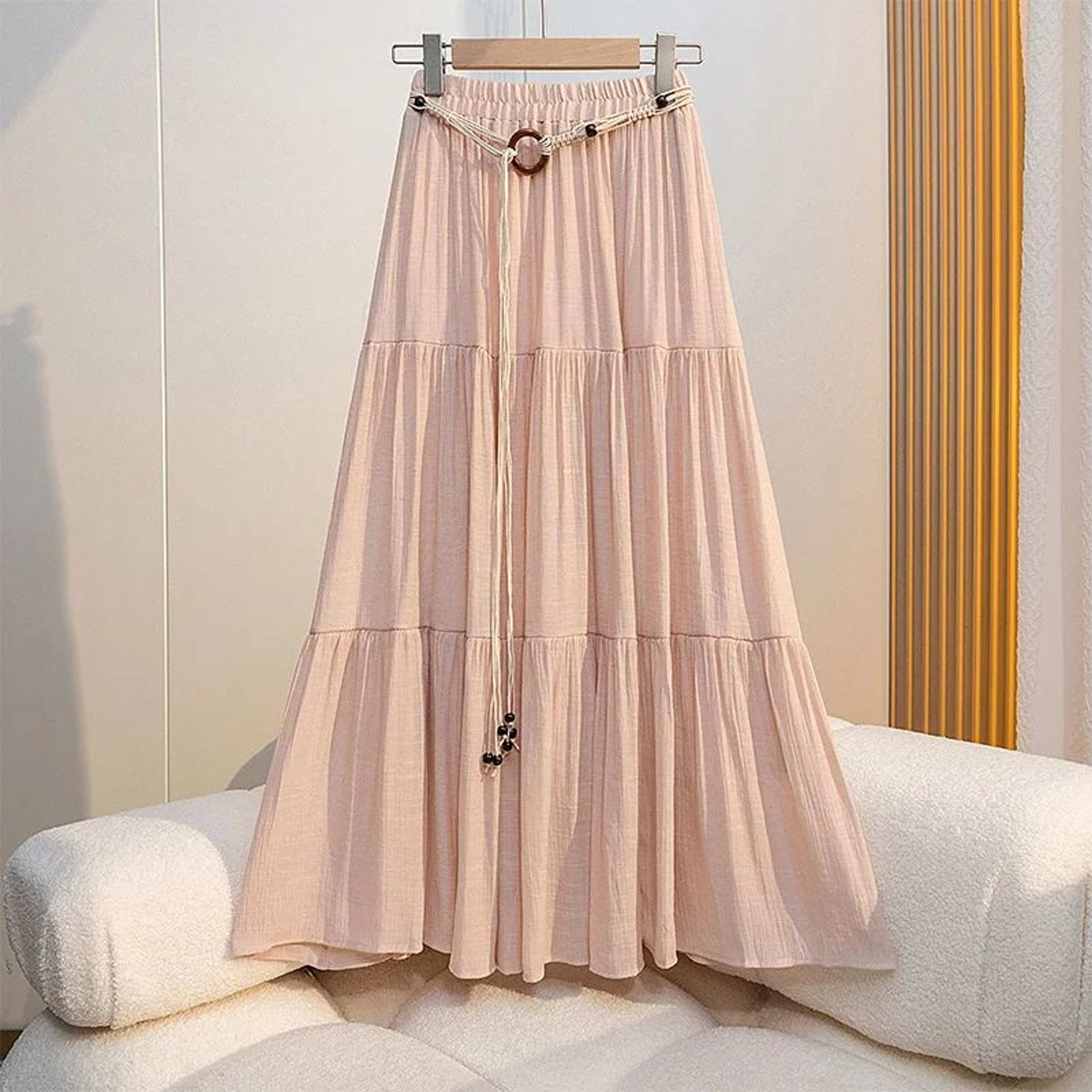 Womens Boho Cotton Linen Midi Skirt Flowy ALine Pleated Summer Skirt 7