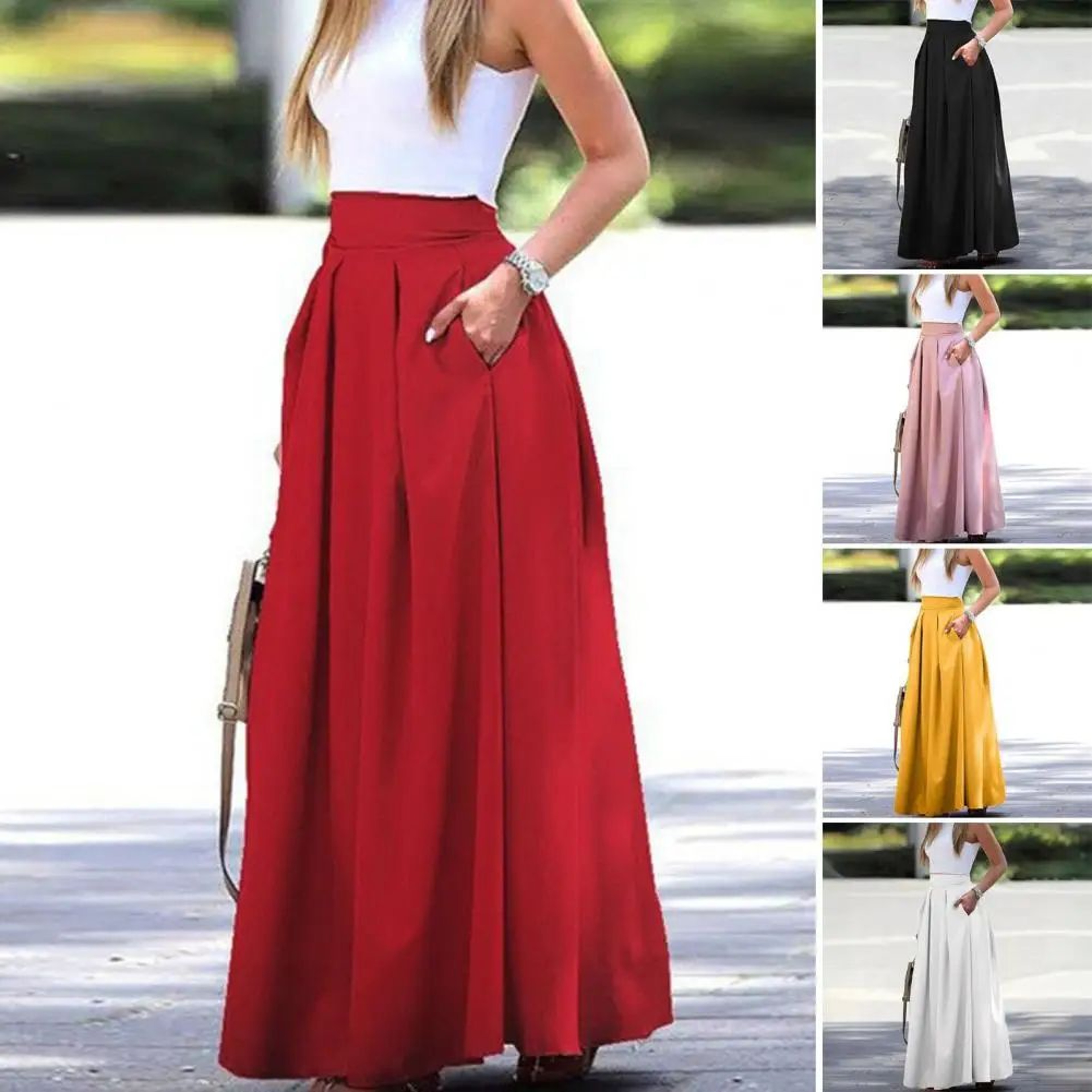 Womens High Waist Flowy Maxi Skirt With Pockets  Elegant Lightweight Long Skirt 0