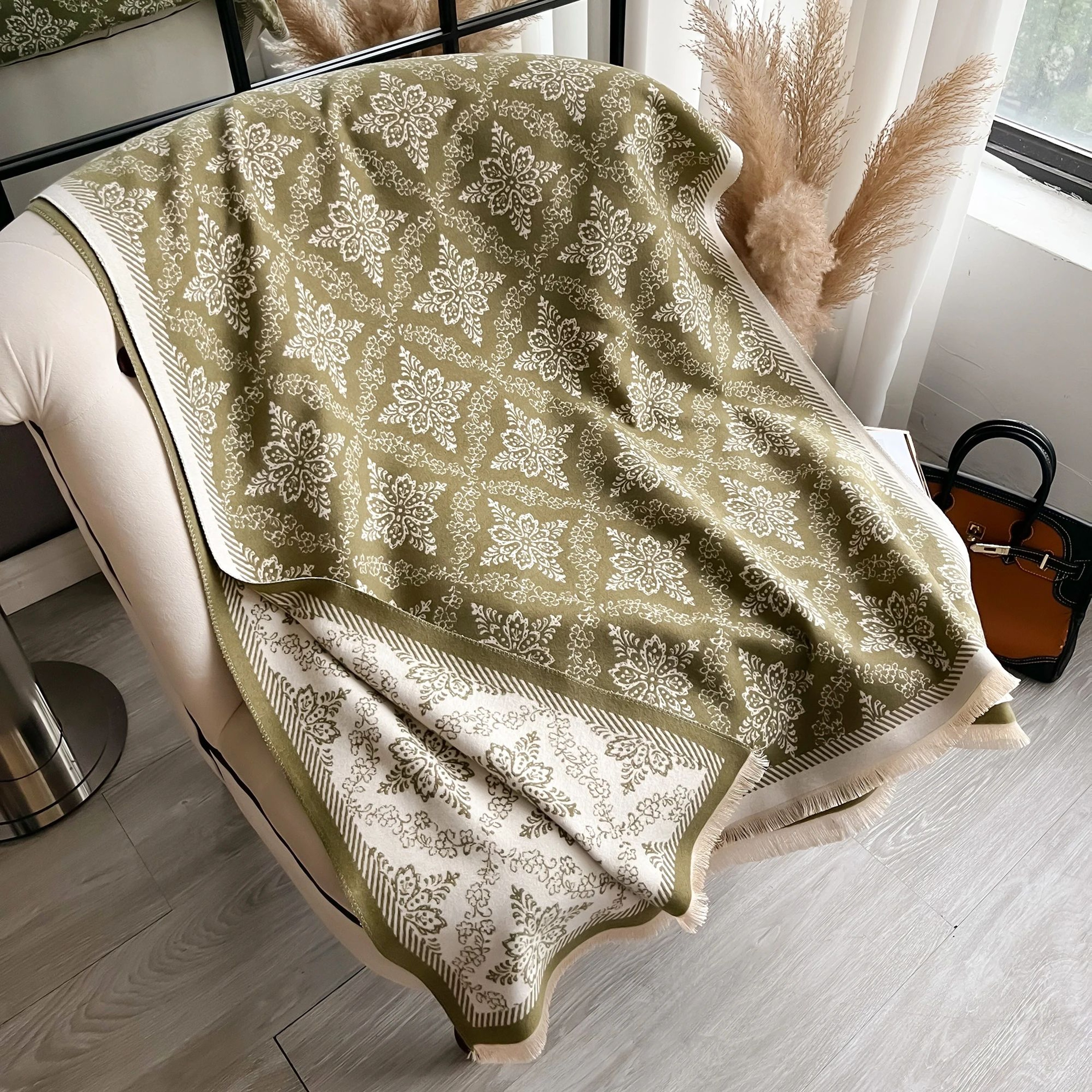 Reversible Ethnic Print Pashmina Shawl Scarf With Soft Warm Fringe Design 7