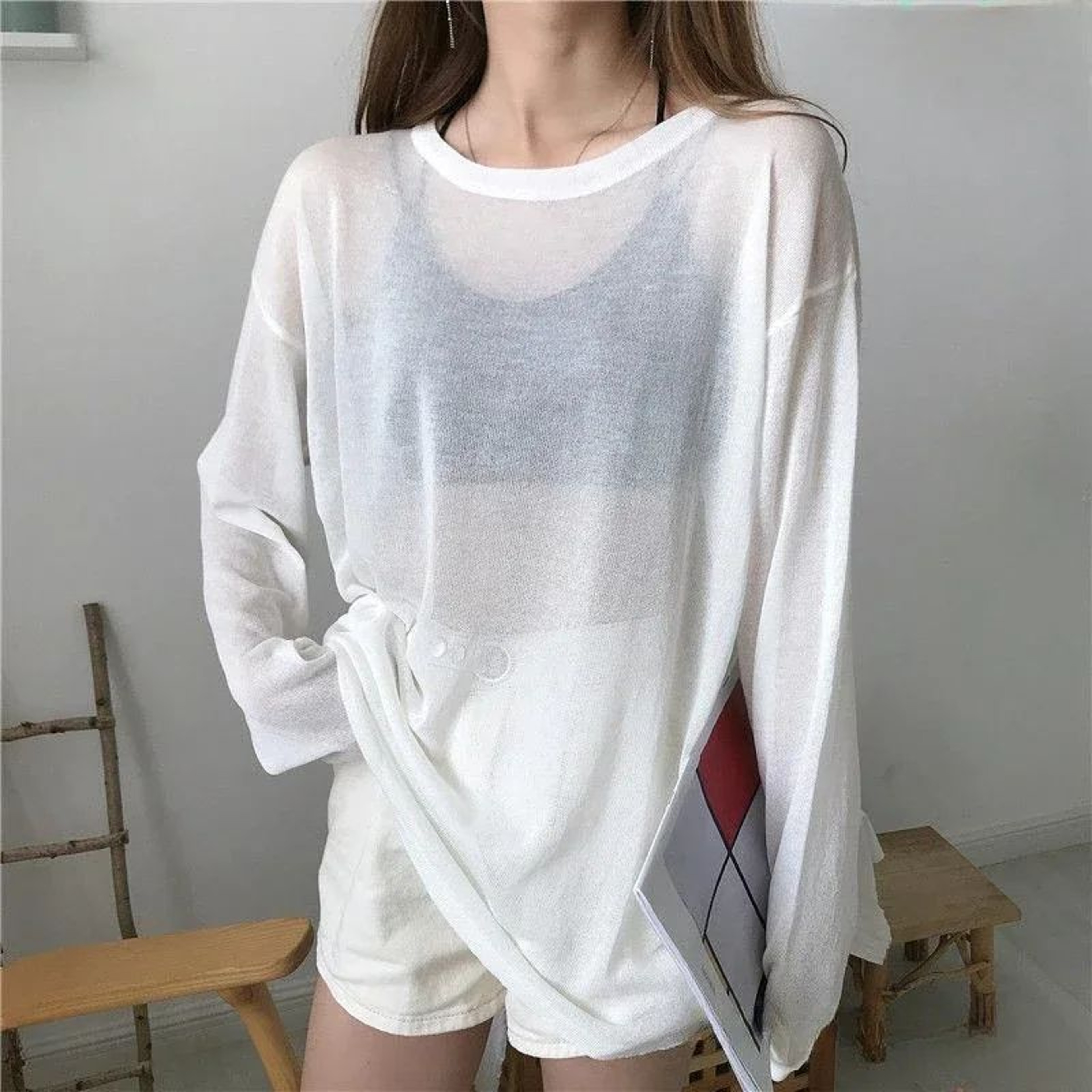 Womens Sheer Long Sleeve TShirt Lightweight Loose Fit Korean Style Summer Top 0