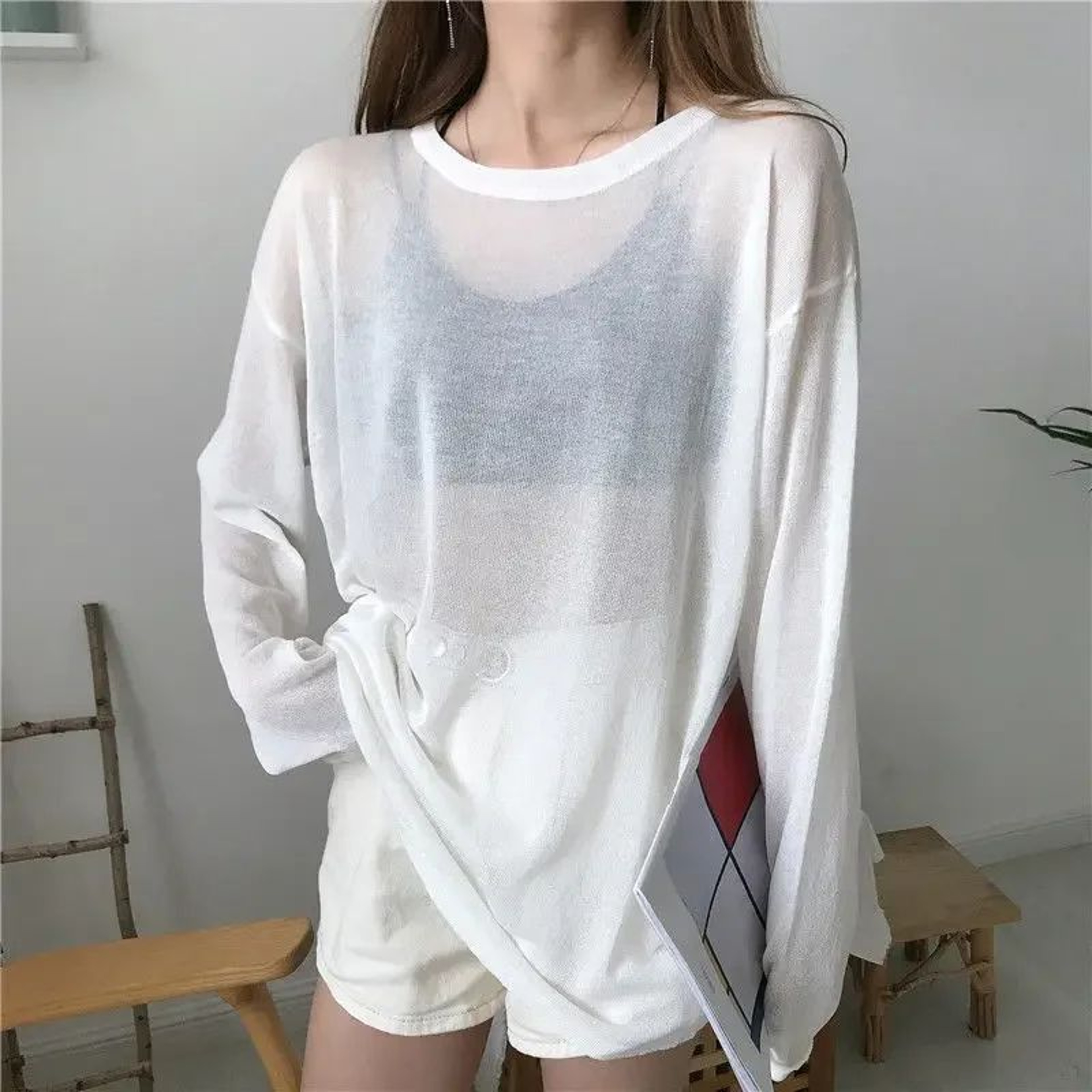Womens Sheer Long Sleeve TShirt Lightweight Loose Fit Korean Style Summer Top 6