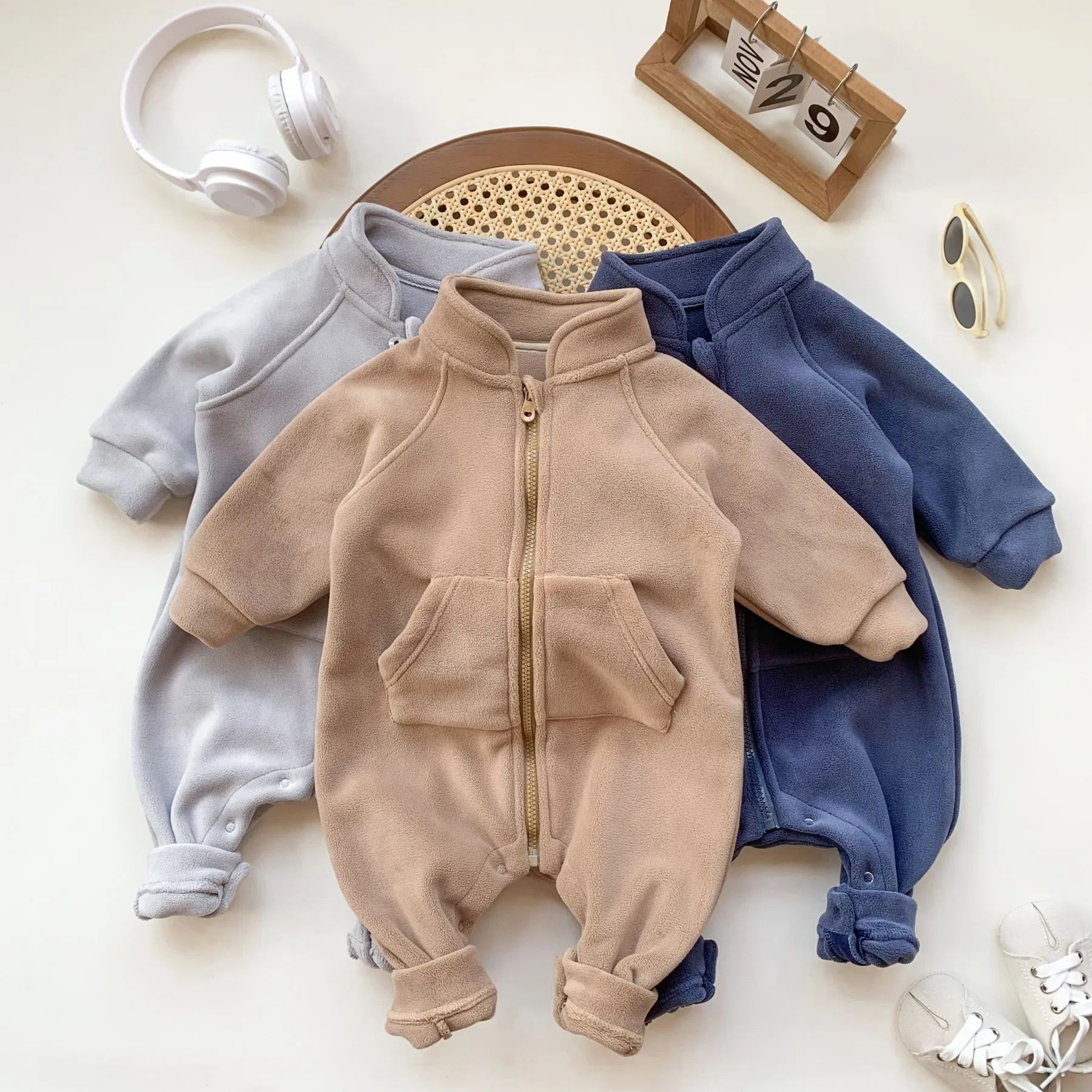 Korean Style Fleece Lined Baby Romper With Zipper For Boys And Girls 0