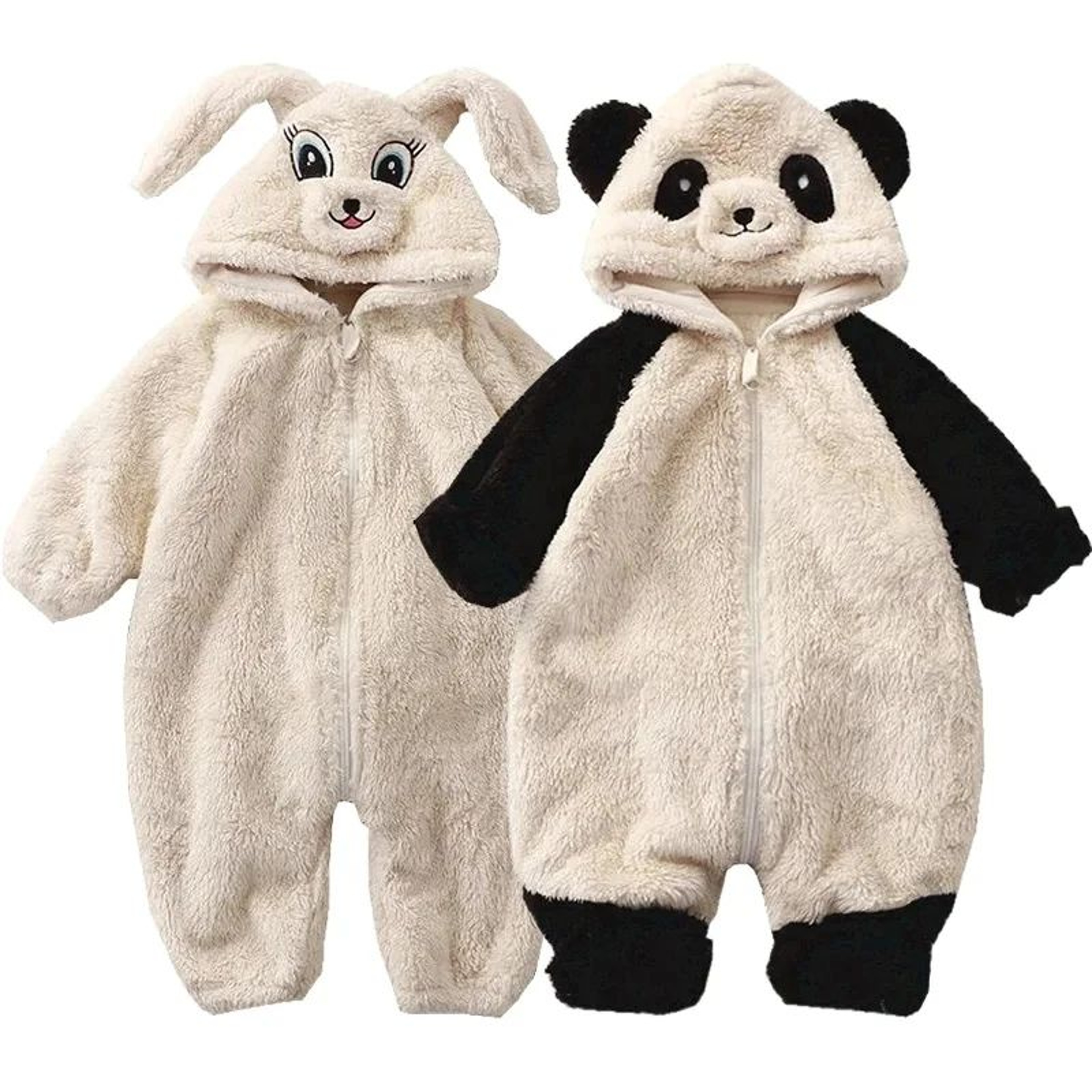 Cozy Fleece Baby Winter Romper With Panda And Bunny Hood 0