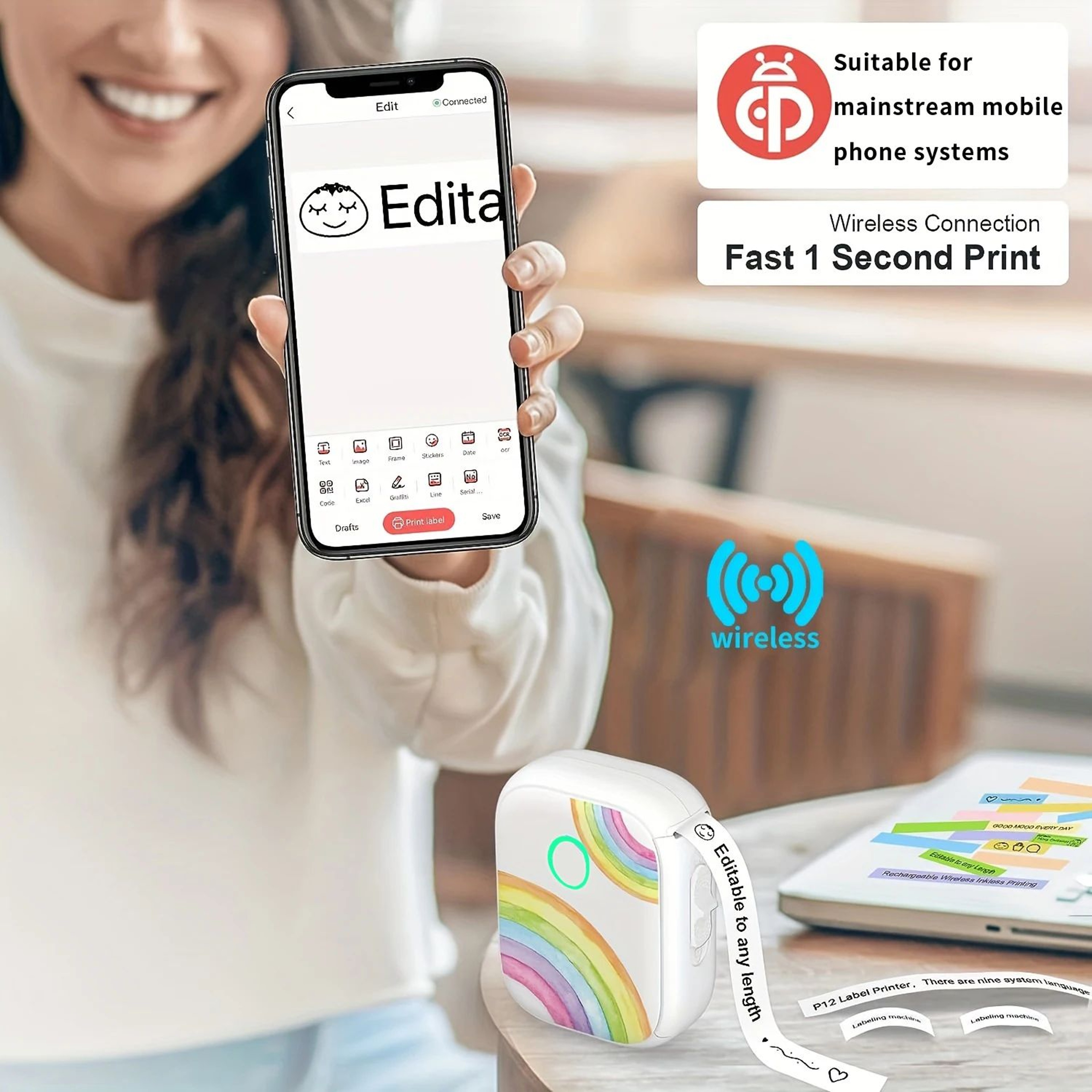 Portable Bluetooth Thermal Label Printer P12 Mini Inkless Sticker Maker 3