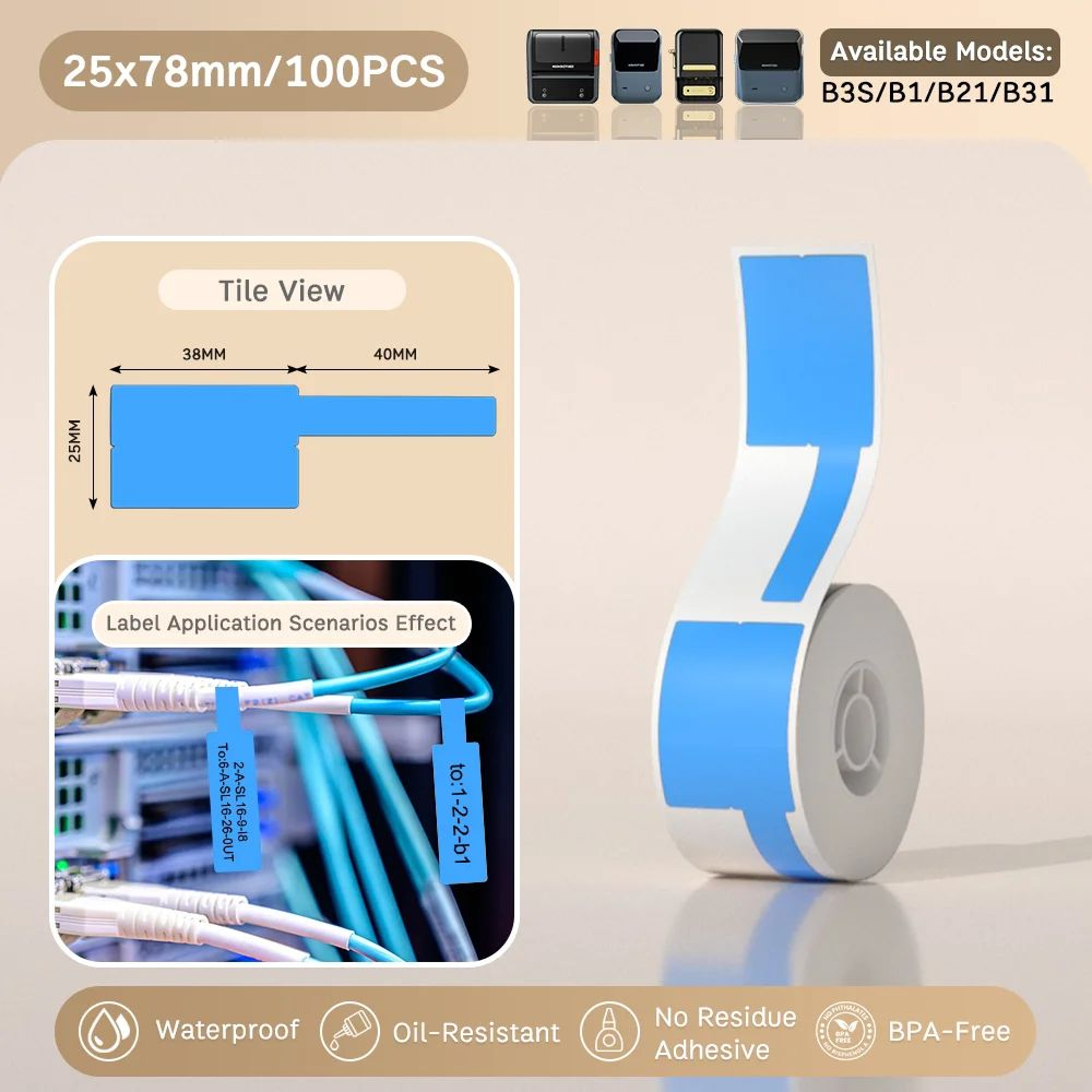 Waterproof Color Cable Label Stickers SelfAdhesive Thermal Printer Paper Roll For B1 B21 B31 10