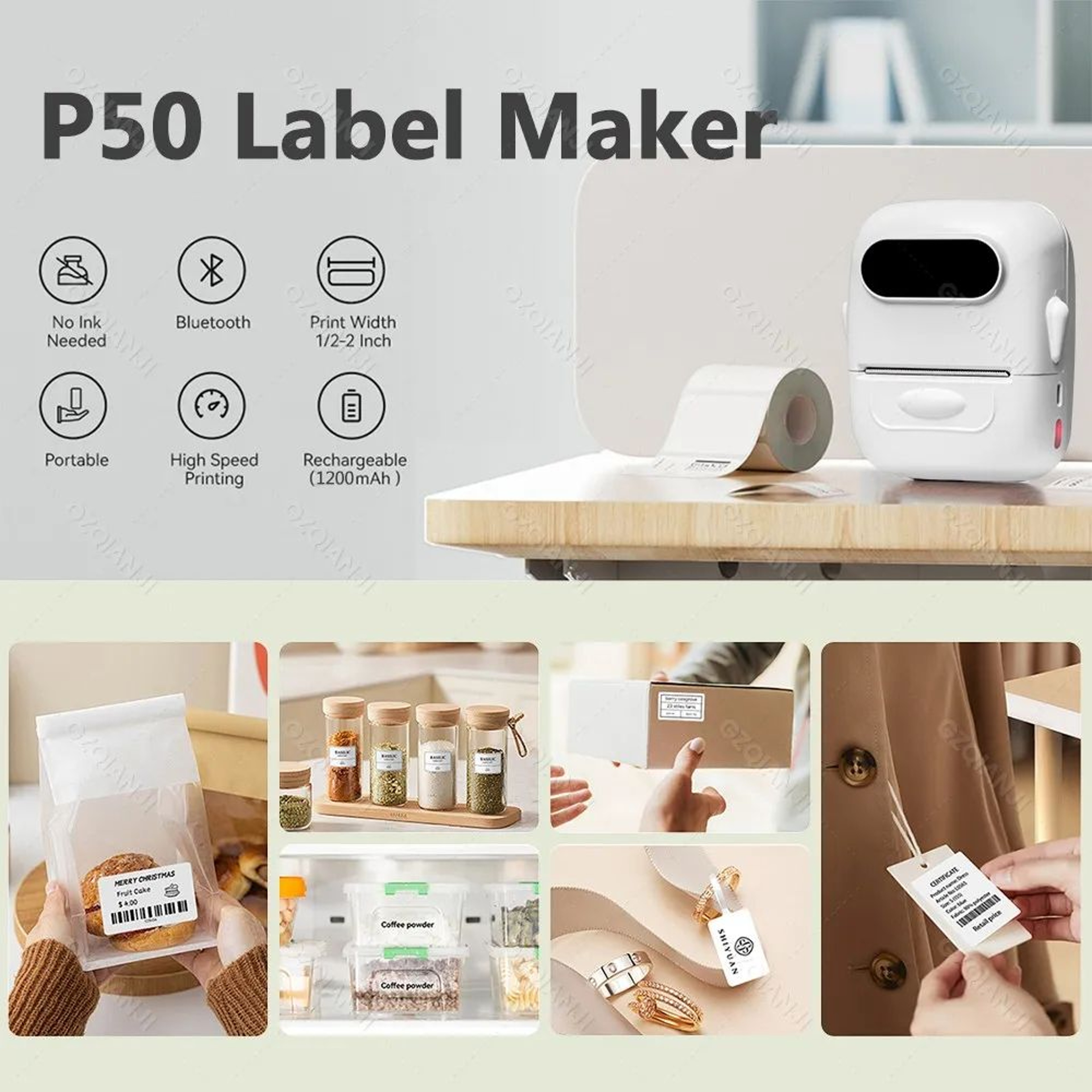 Portable 2 Inch Thermal Label Printer With Round White And Transparent Sticker Labels 1