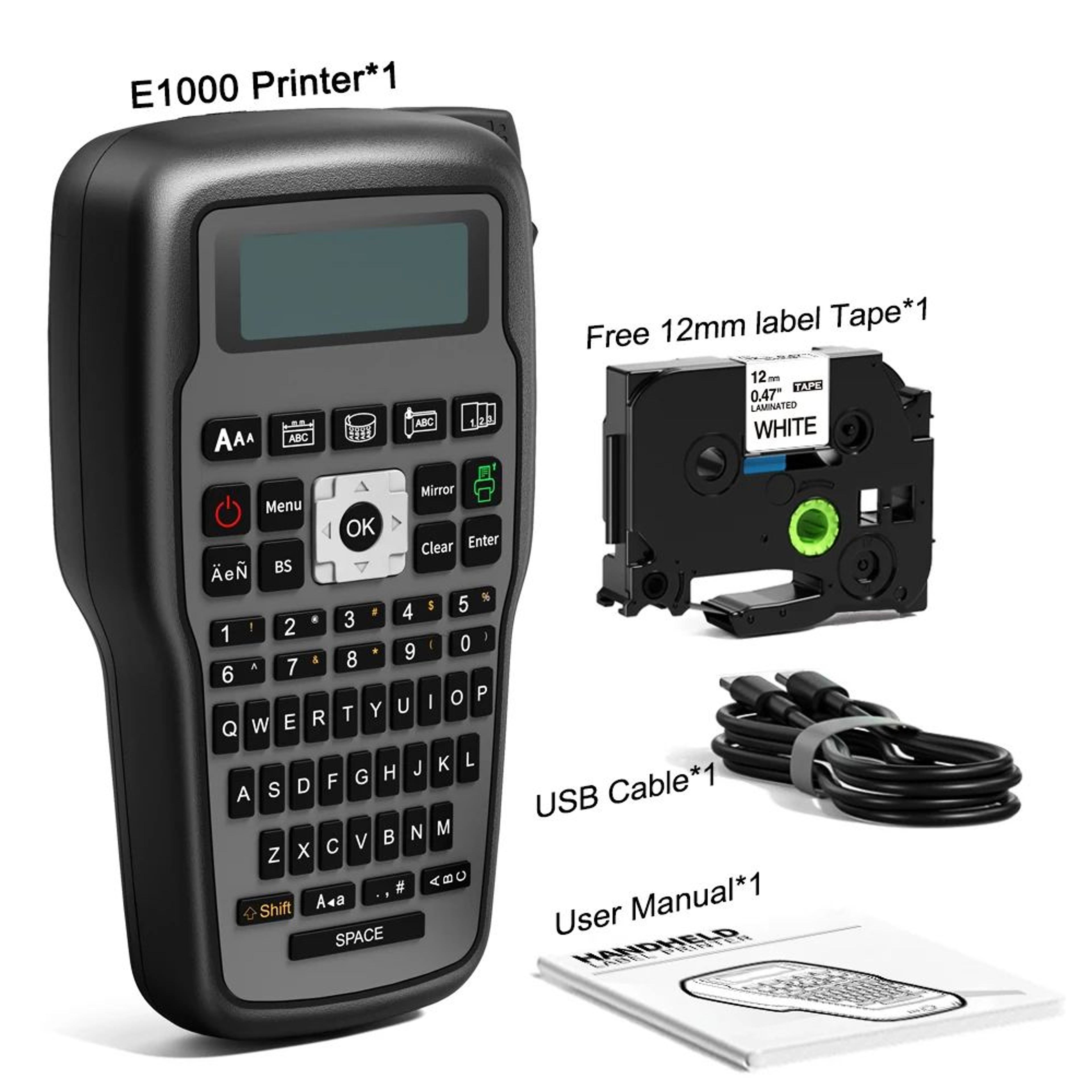 E1000 Portable QWERTY Label Maker With Heat Shrink Tube And TZe Tape Support 15