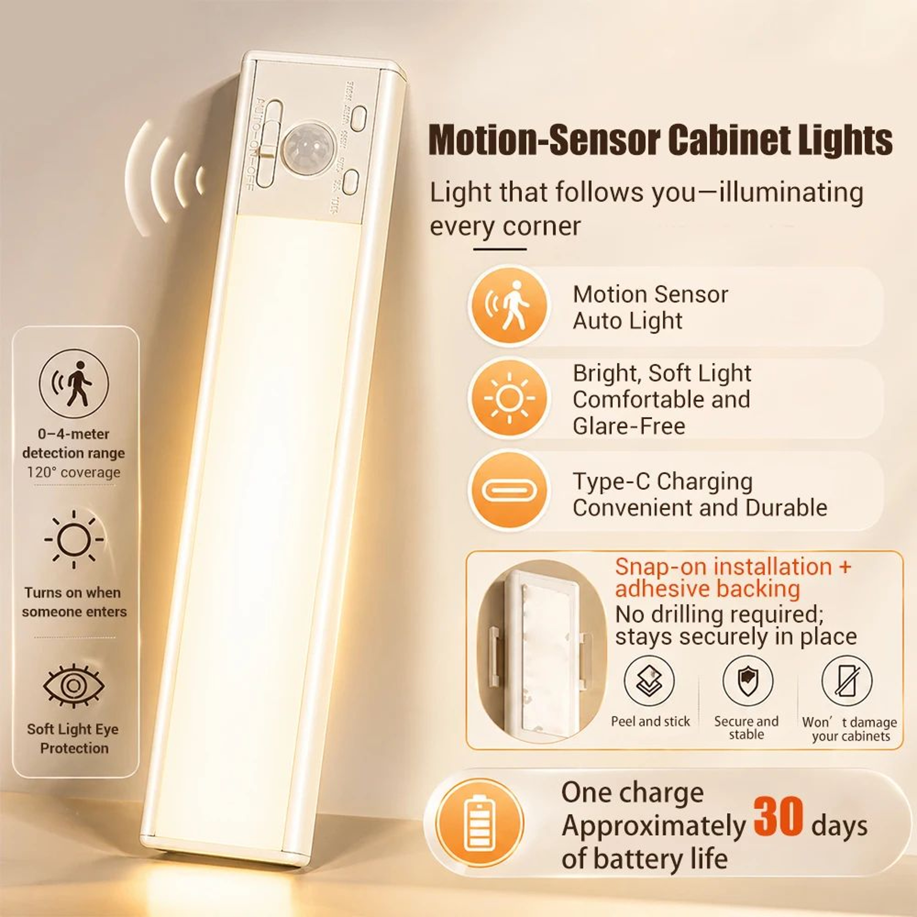 USB Rechargeable LED Motion Sensor Under Cabinet Light Bar For Kitchen And Closet 15