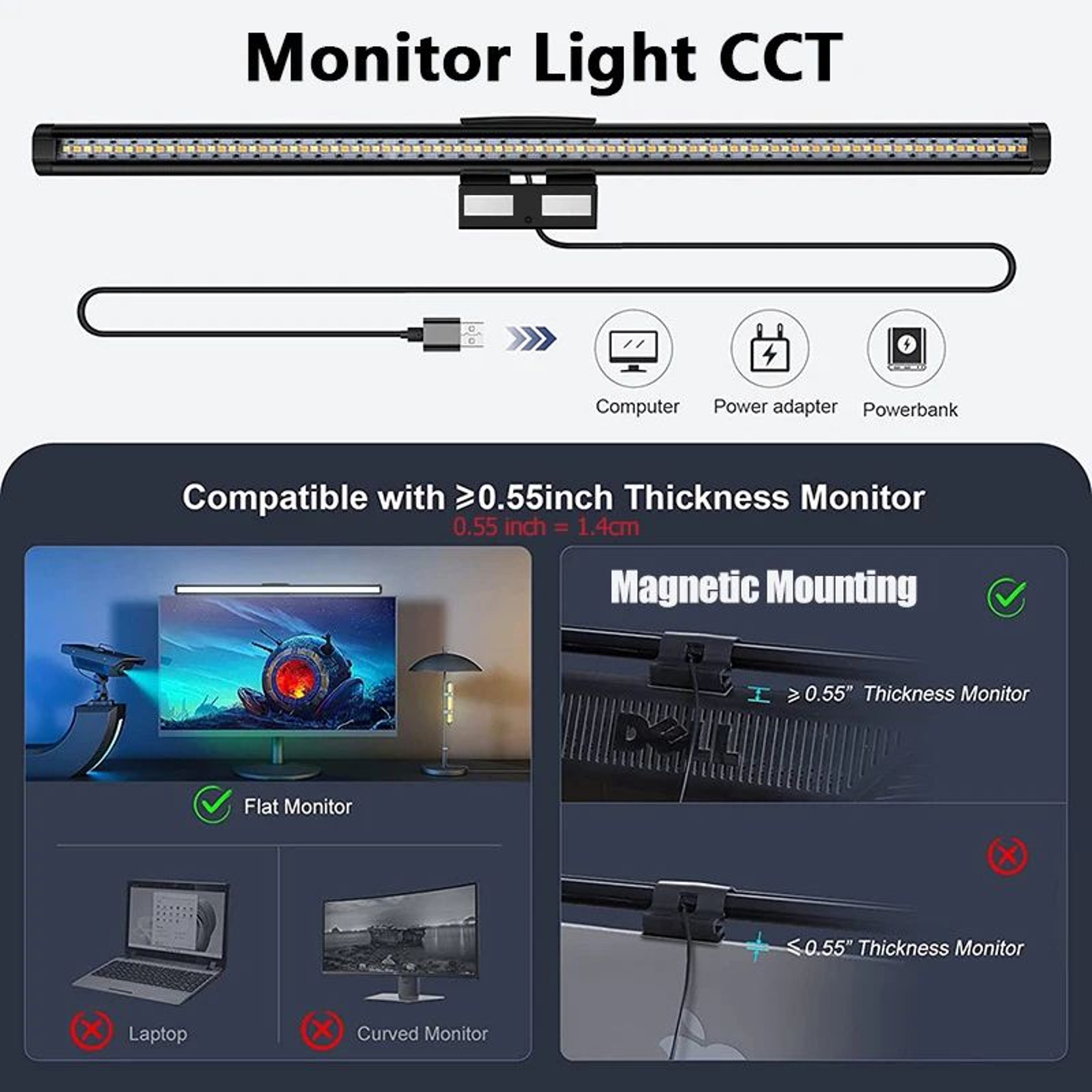 1732 Inch LED Monitor Light Bar With Magnetic Mount USB Power And Knob Remote Control 5