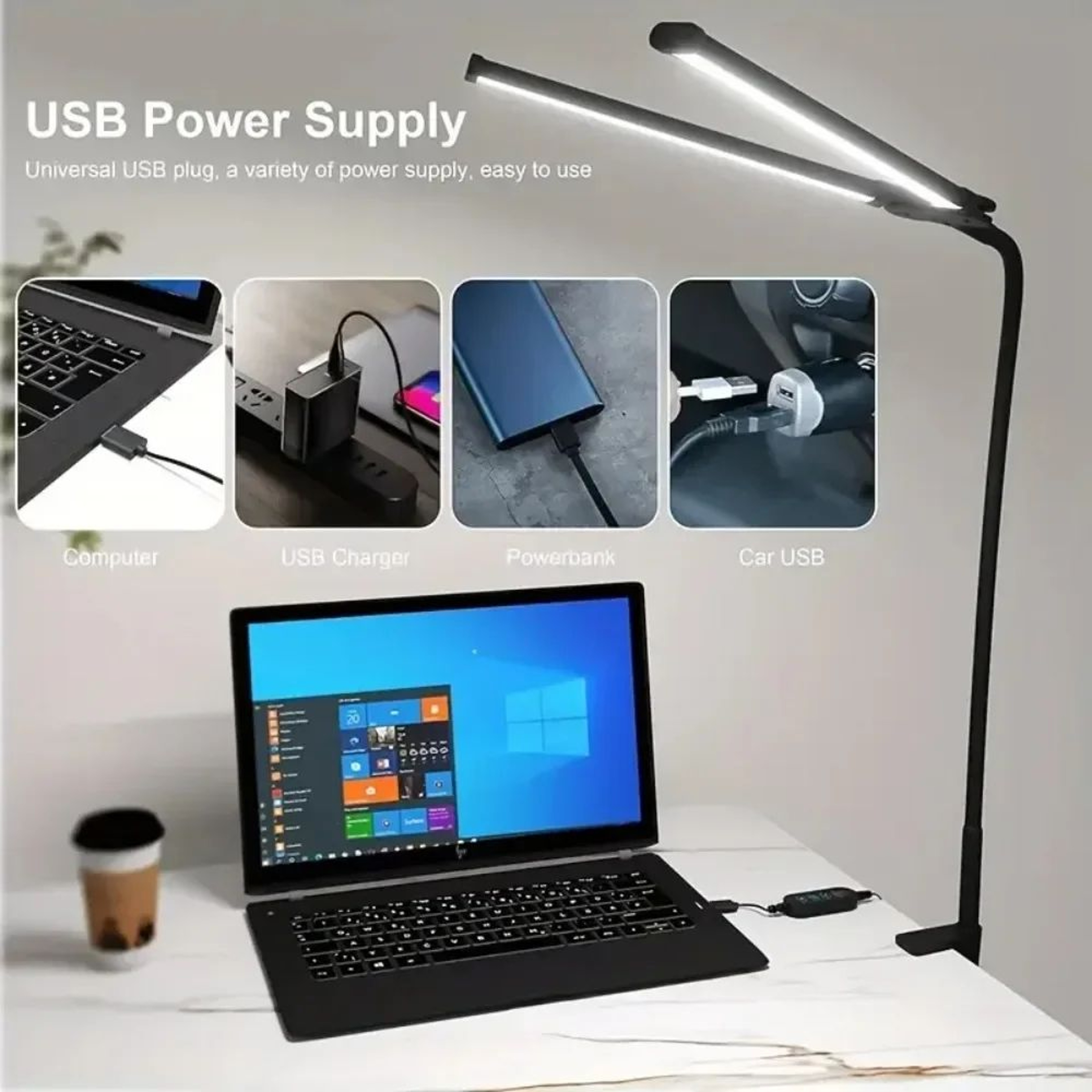 Double Head LED ClipOn Desk Lamp With Adjustable Brightness 3 Lighting Modes And USB Power 1