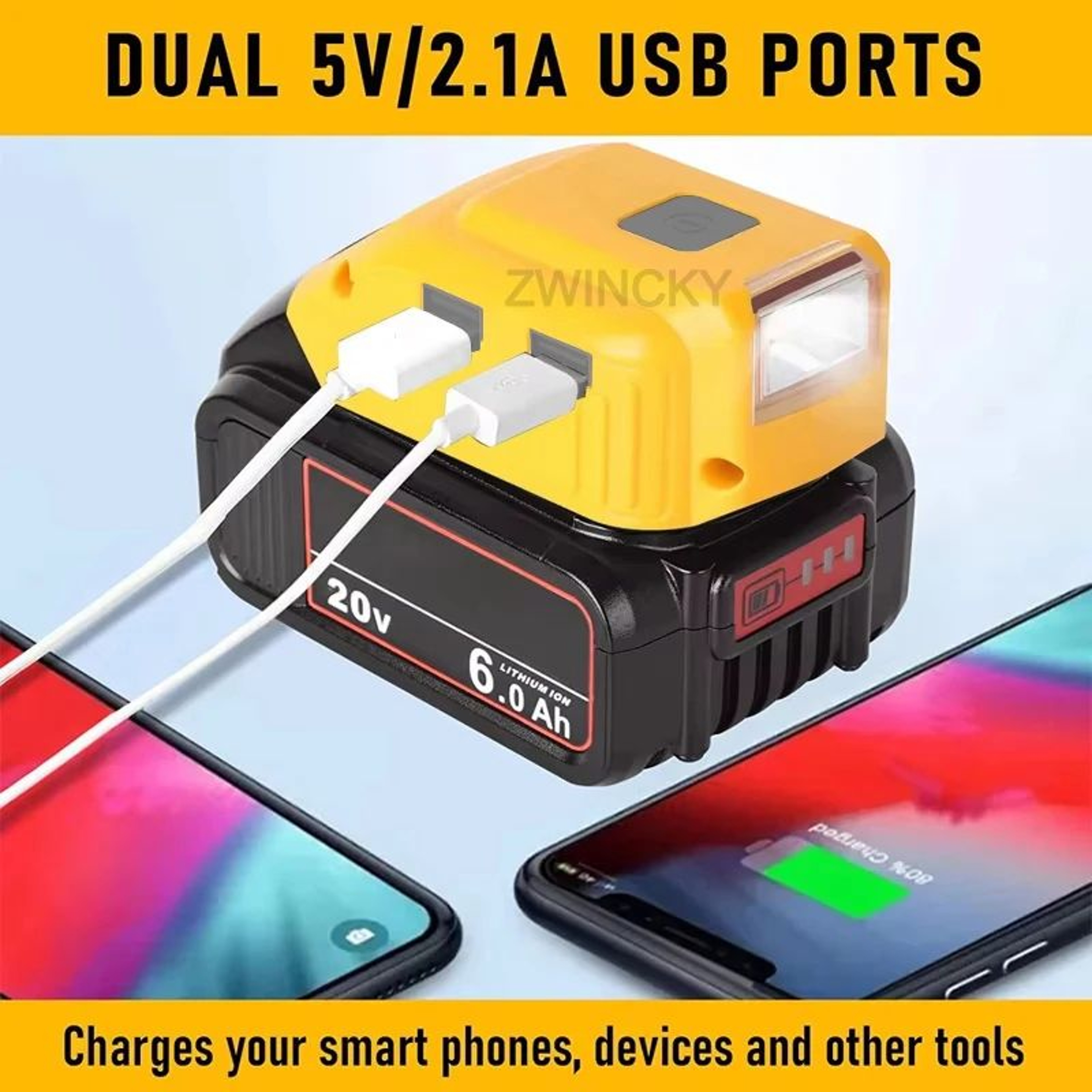 18V 20V Battery Adapter With USB Type C DC 12V Output And LED Work Light 4