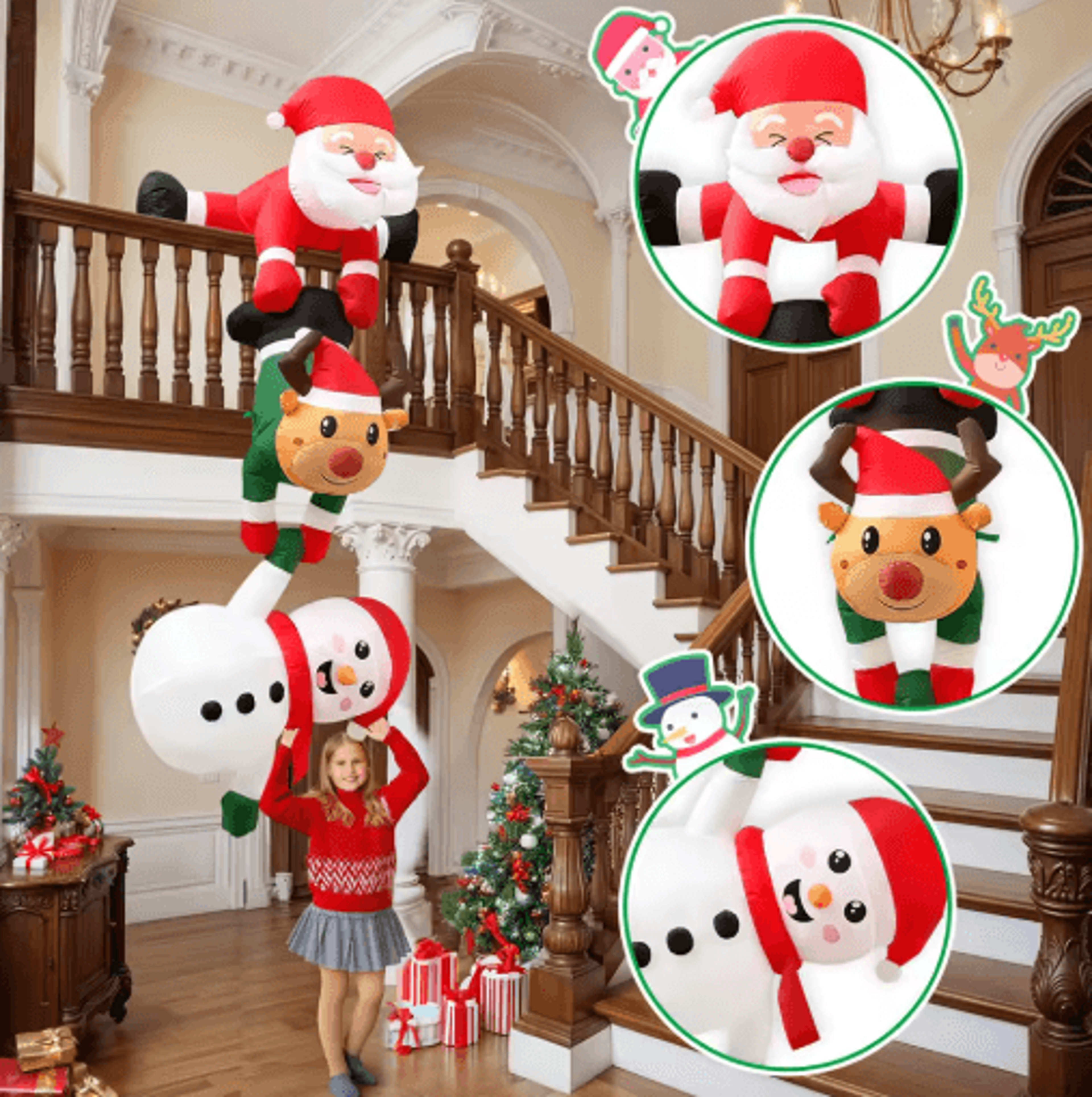 24M Inflatable Christmas Climbing Santa With Reindeer Snowman LED Outdoor Holiday Decor 4