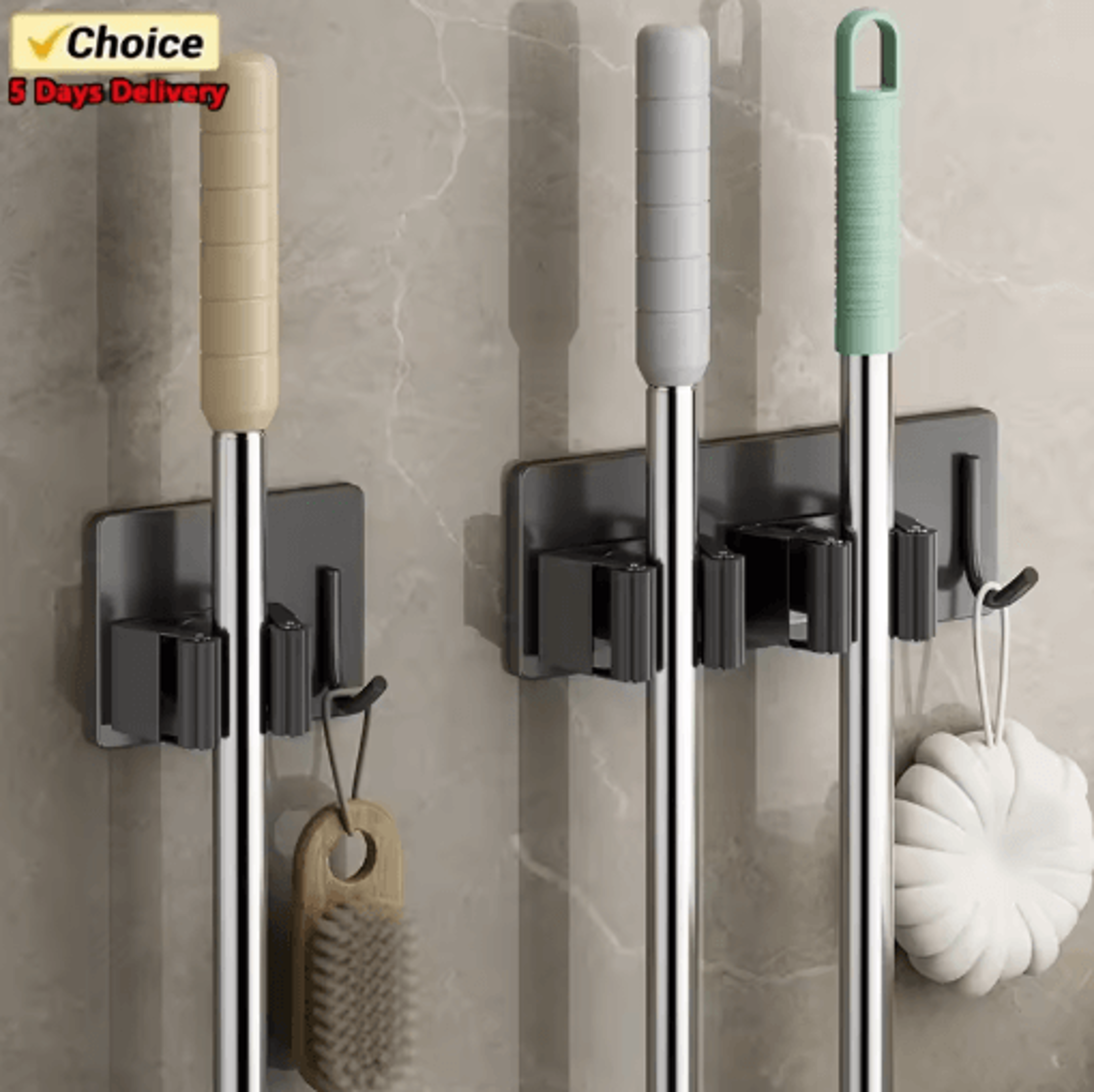 Non Perforated Stainless Steel Mop Holder Wall Mounted Broom Mop Clamp Hook 0