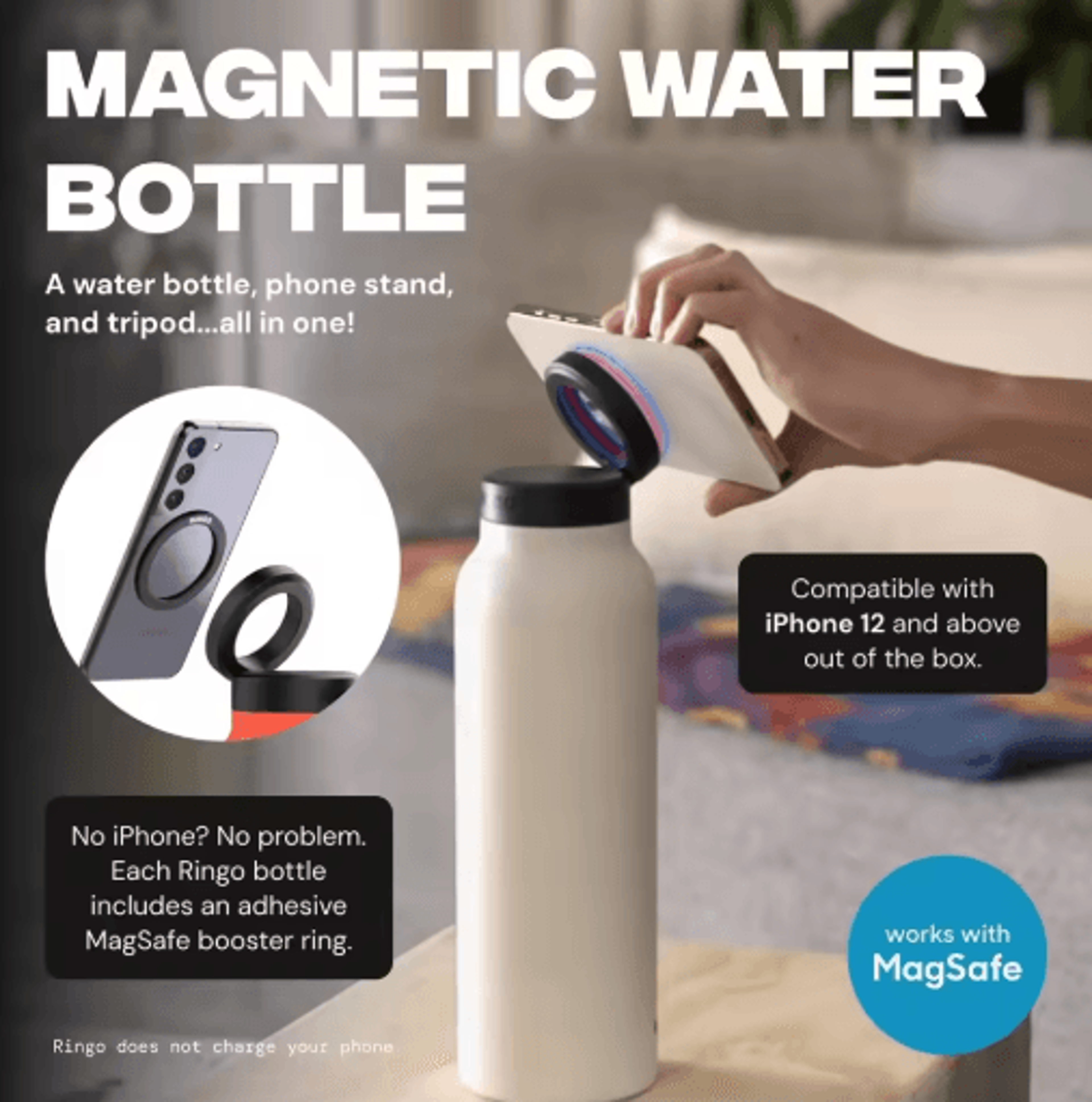 Insulated Sports Water Bottle With Magnetic Phone Holder And Built In Stand 7