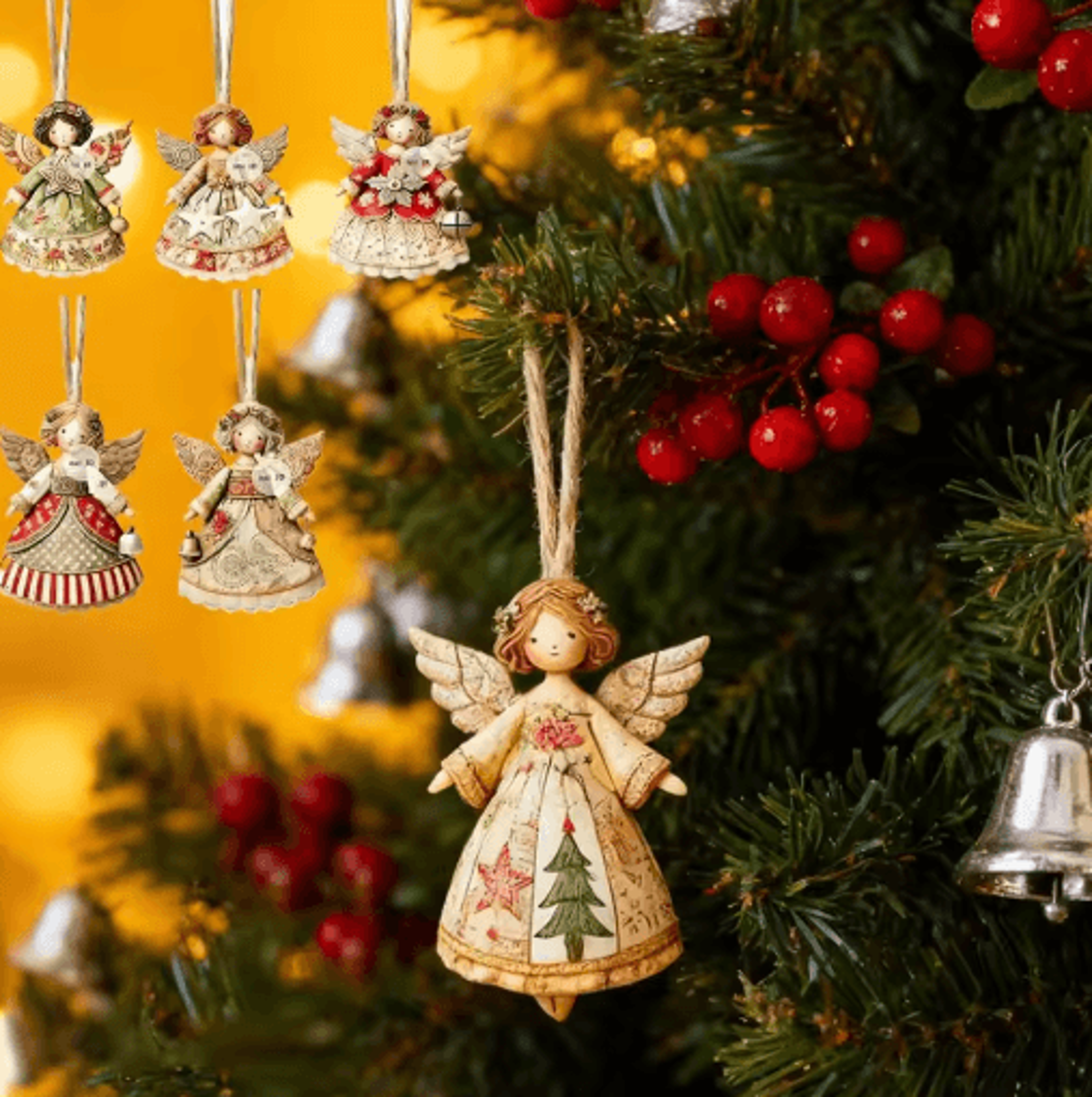 Wooden Angel Christmas Tree Ornaments 2D Angel With Bell Hanging Decor 6 12 24PCS 0