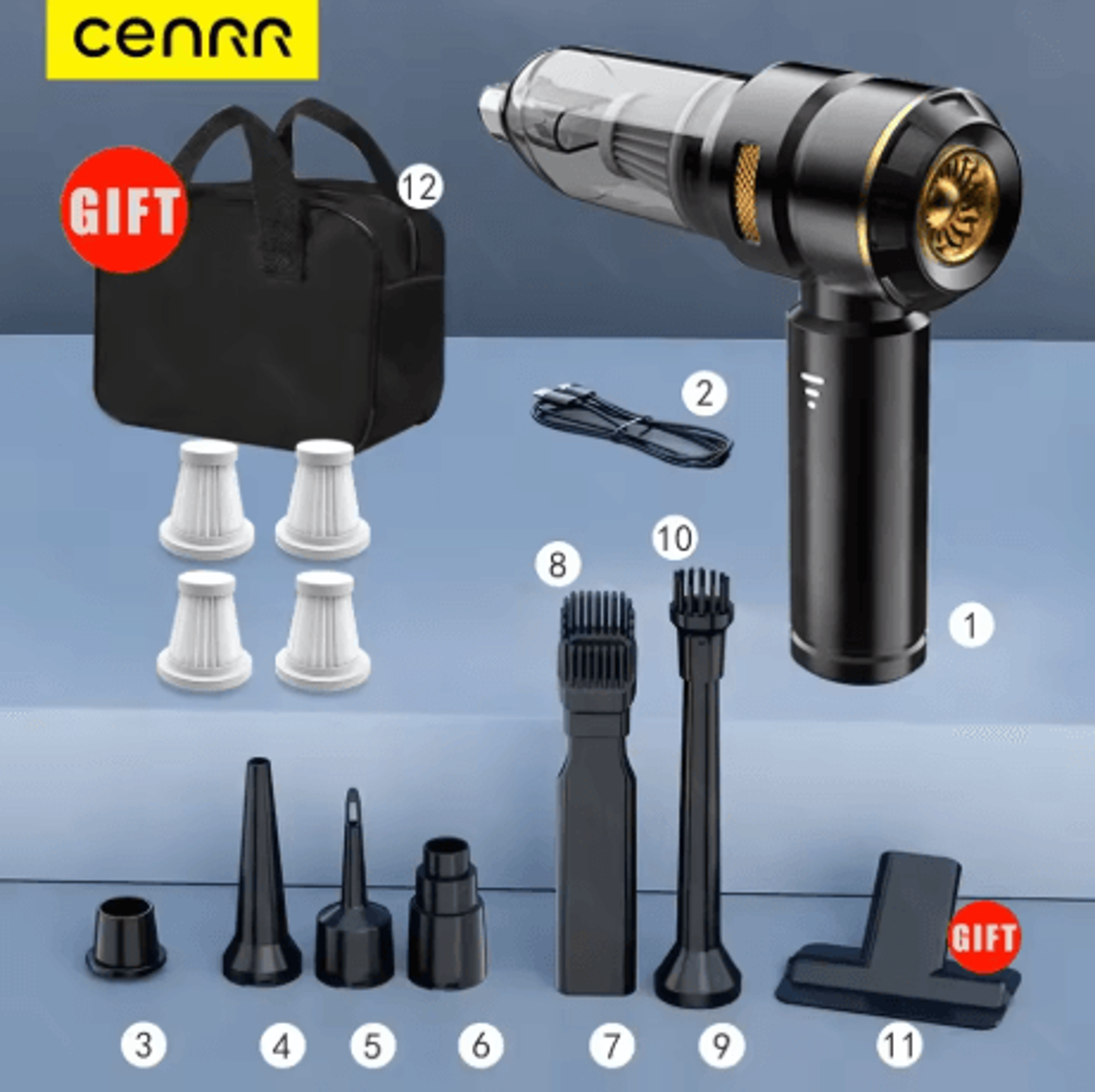 CENRR 998000PA Car Vacuum Cleaner Wireless Handheld Cleaner With Dust Display Lamp  Air Gun 4