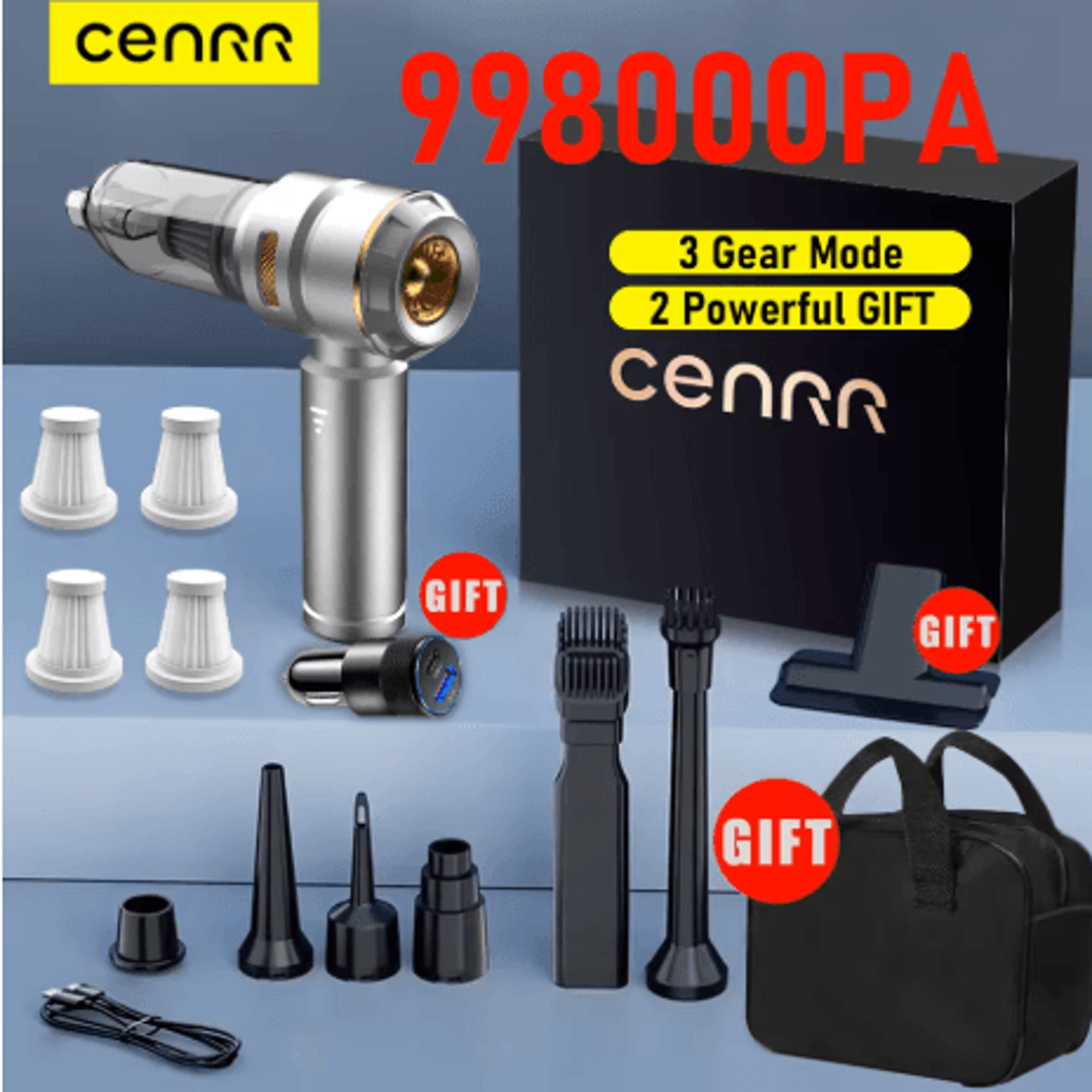 CENRR 998000PA Car Vacuum Cleaner Wireless Handheld Cleaner With Dust Display Lamp  Air Gun 0