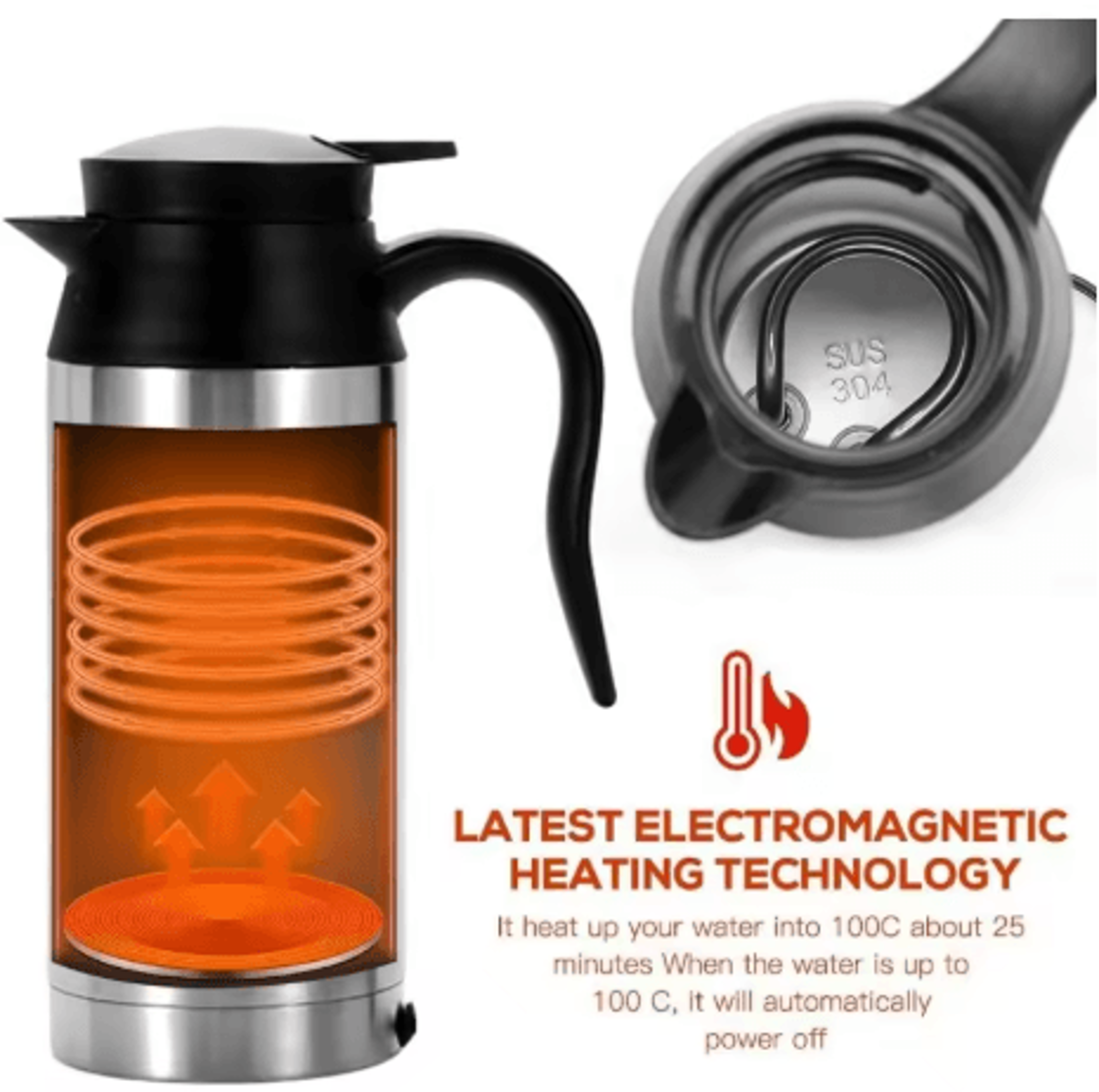 Car Thermos Kettle 750ML 12V 24V Electric Heating Cup Stainless Steel Travel Water Heater 0