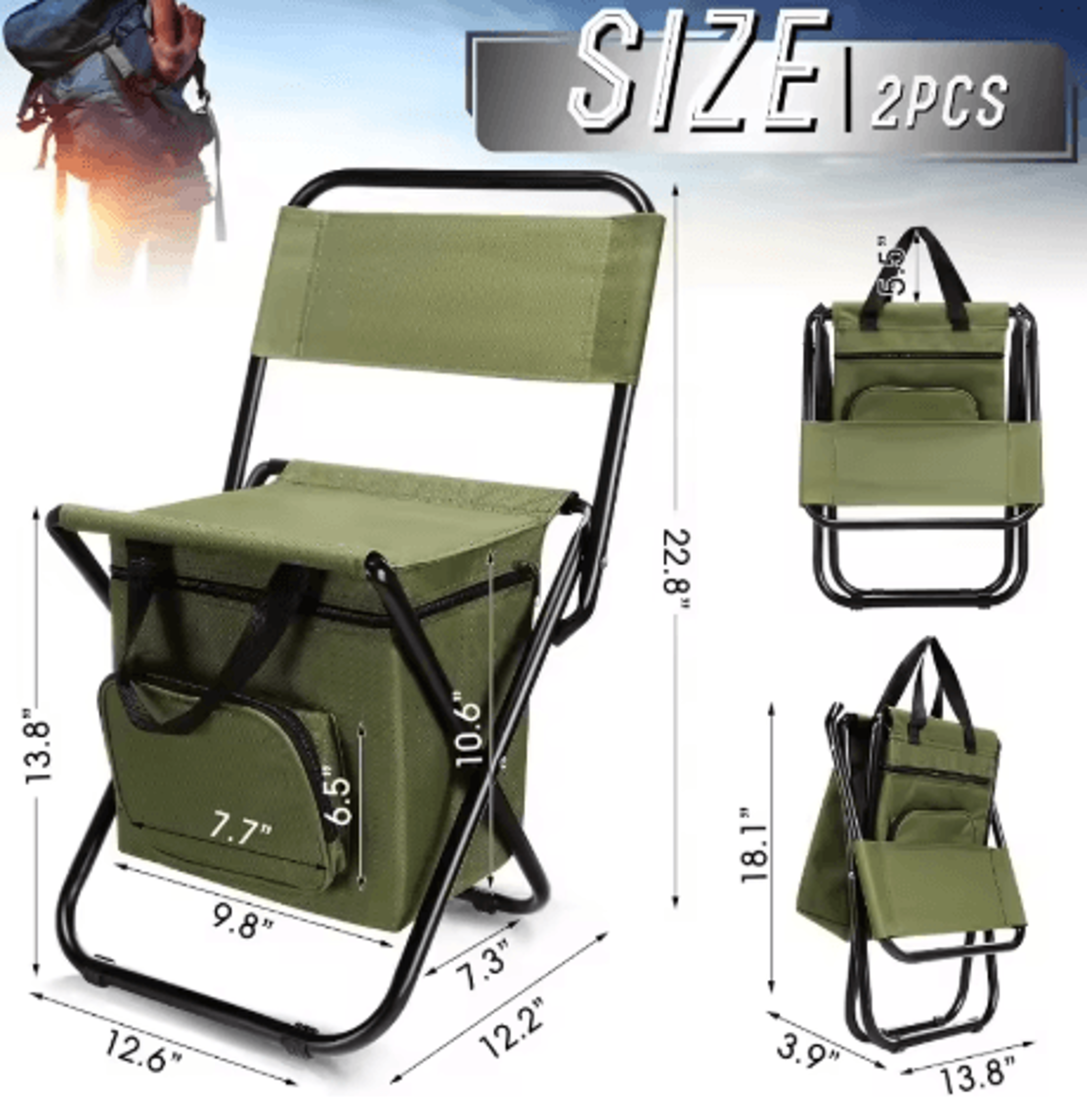 Foldable Fishing Chair With Cooler Bag Lightweight Portable Stool With Backrest 220 Lb Capacity 6