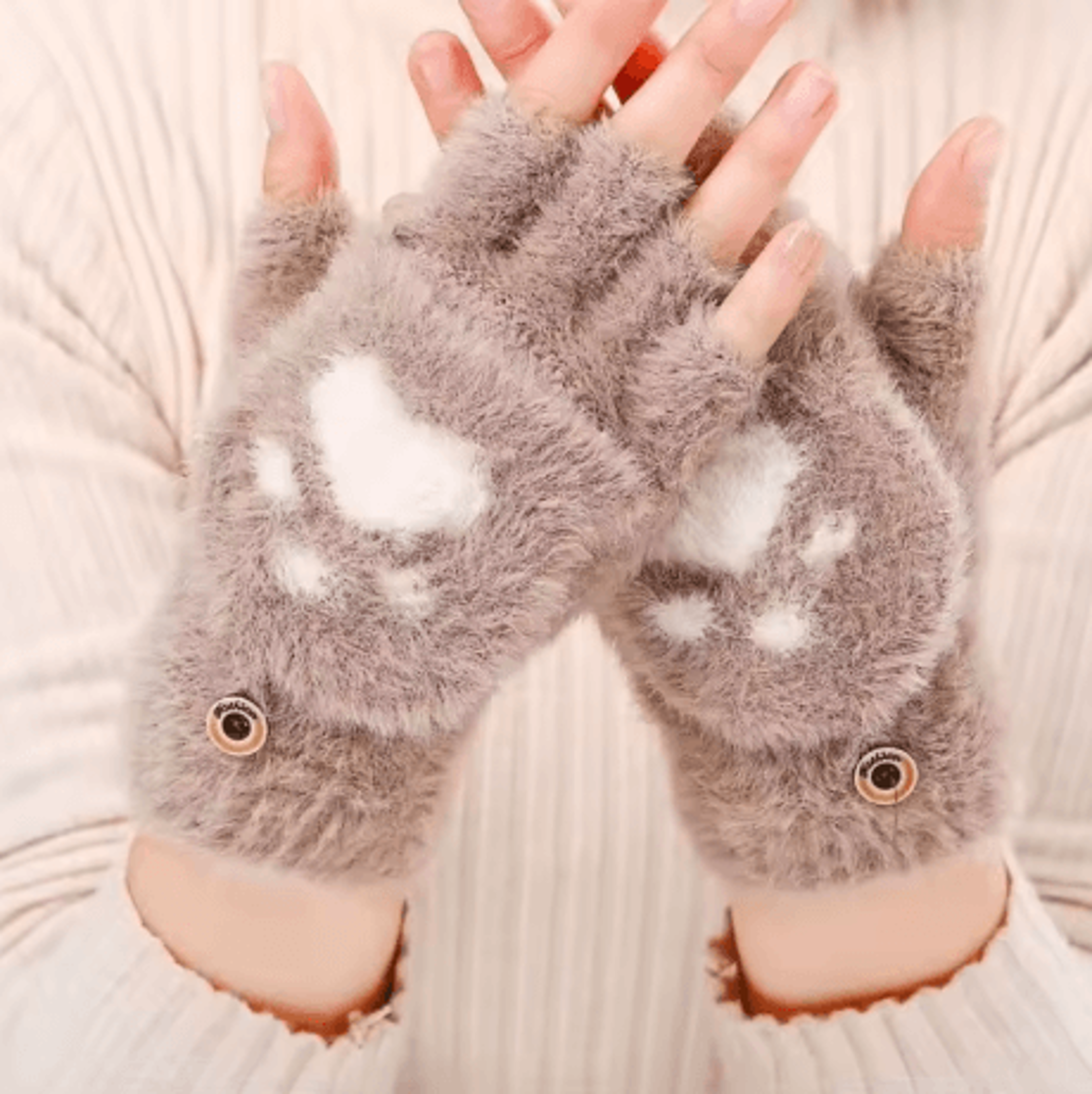 Womens Plush Cat Paw Mittens Thick Warm Fingerless Winter Gloves For Girls 2