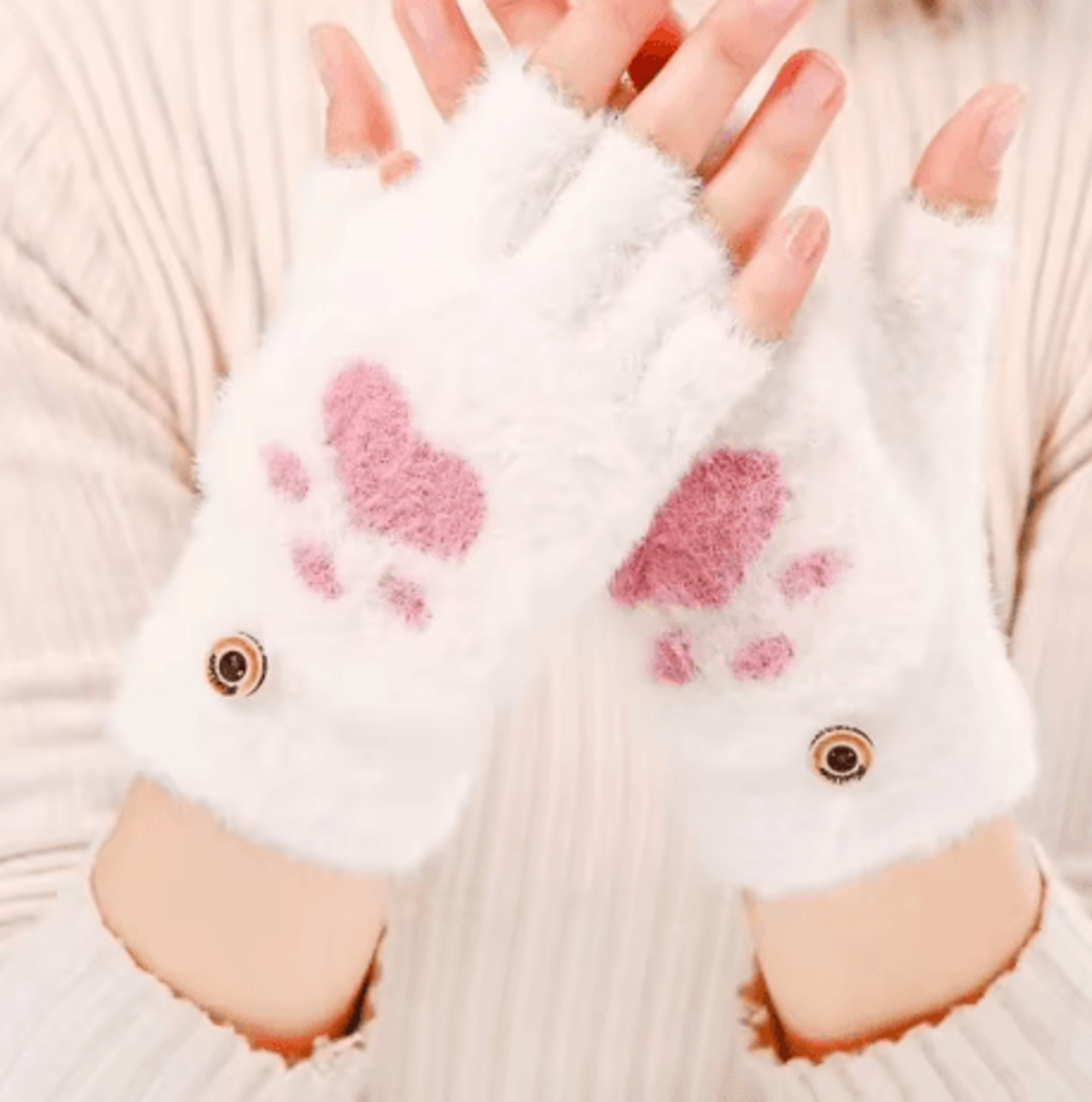 Womens Plush Cat Paw Mittens Thick Warm Fingerless Winter Gloves For Girls 3