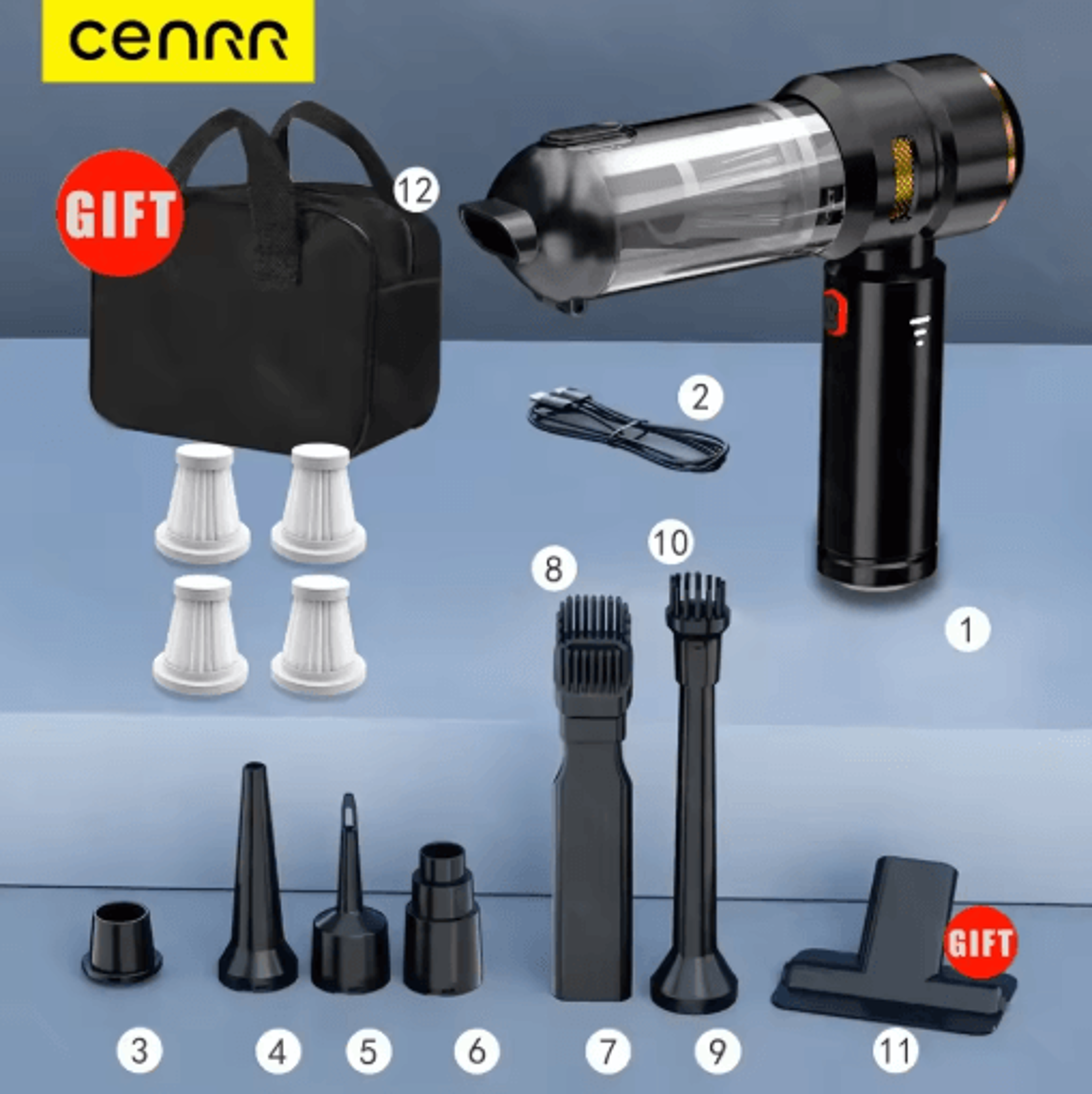 CENRR 998000PA Cordless Car Vacuum Cleaner Handheld Wireless Vacuum With Dust Display Lamp And Air  3
