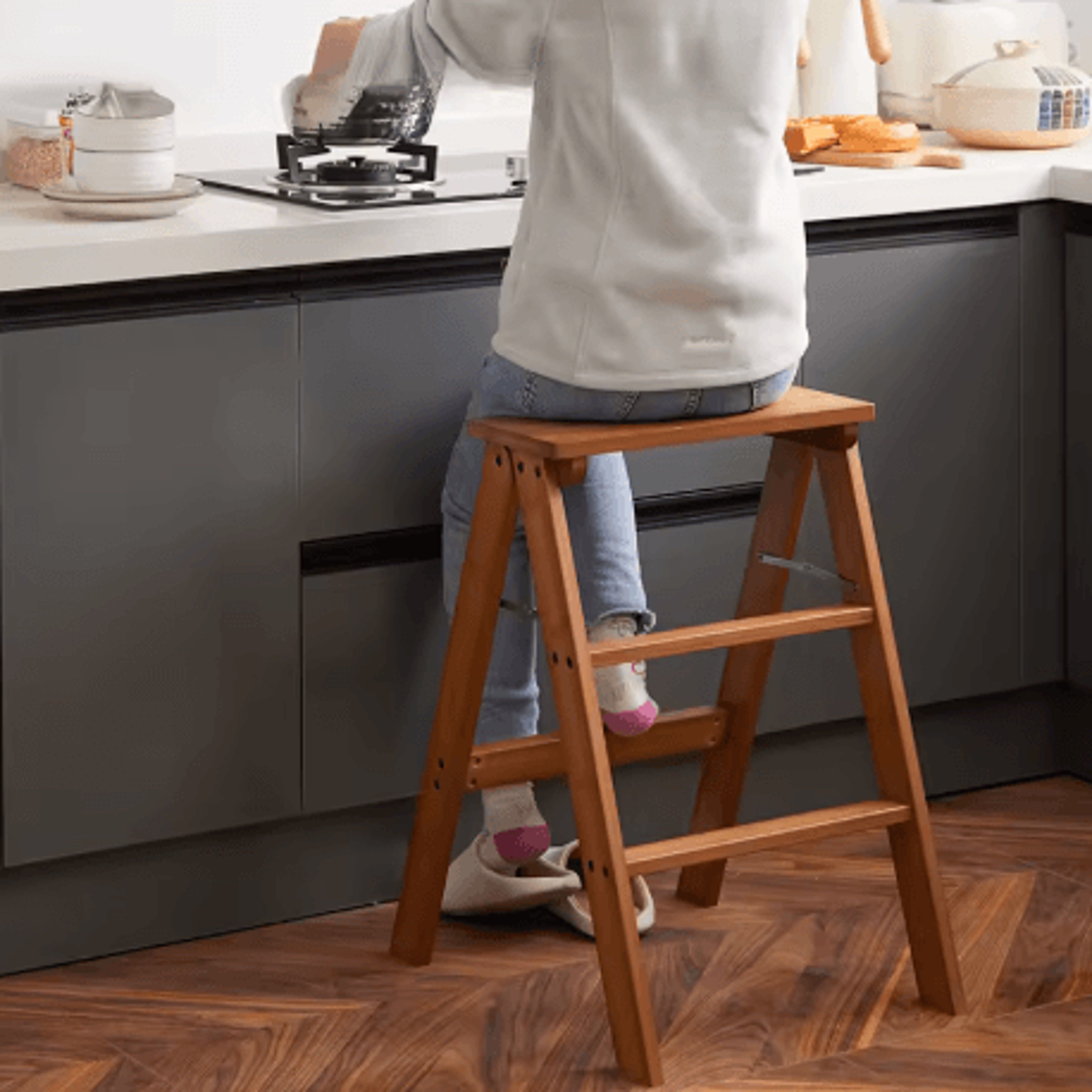 Solid Wood Folding Ladder Chair Thickened Wooden Step Stool And Folding Chair Natural Wood 0