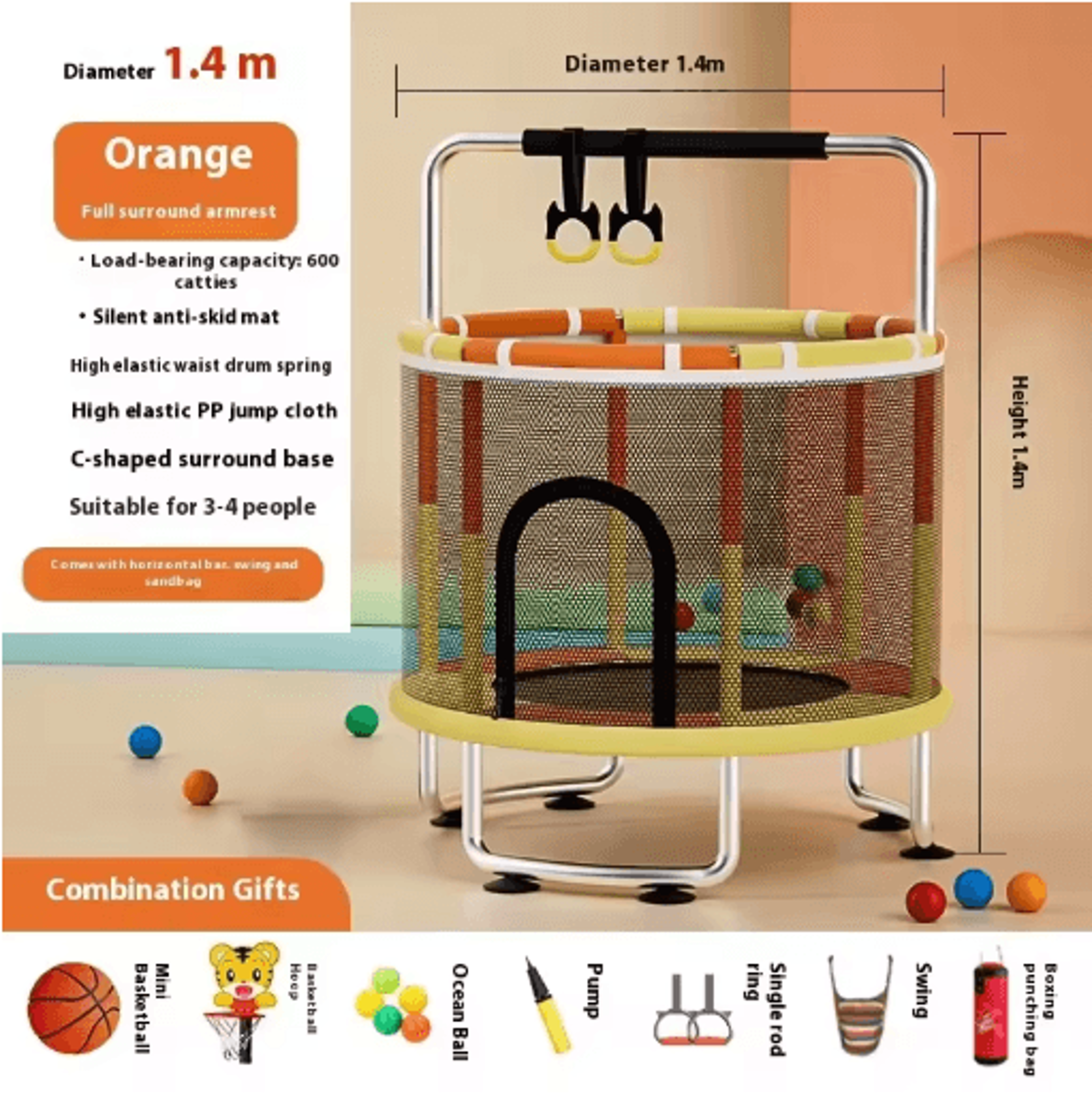 Kids Indoor Bouncy Trampoline Baby Fitness Jumper With Safety Net And Thick Steel Frame 3