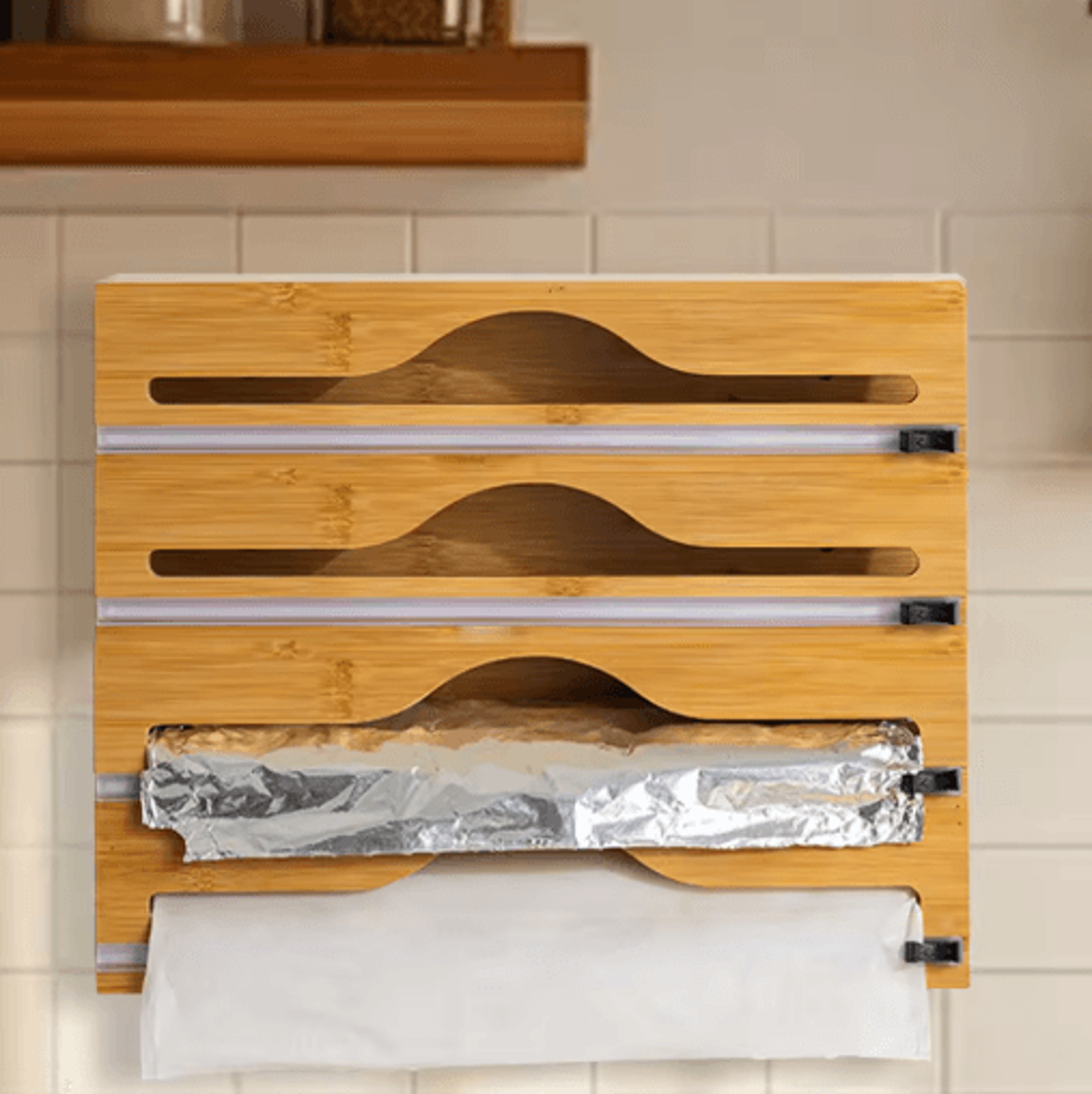 Bamboo Cling Film Tin Foil Cutter Box Kitchen Organizer With Built In Cutter 1 Pc 11