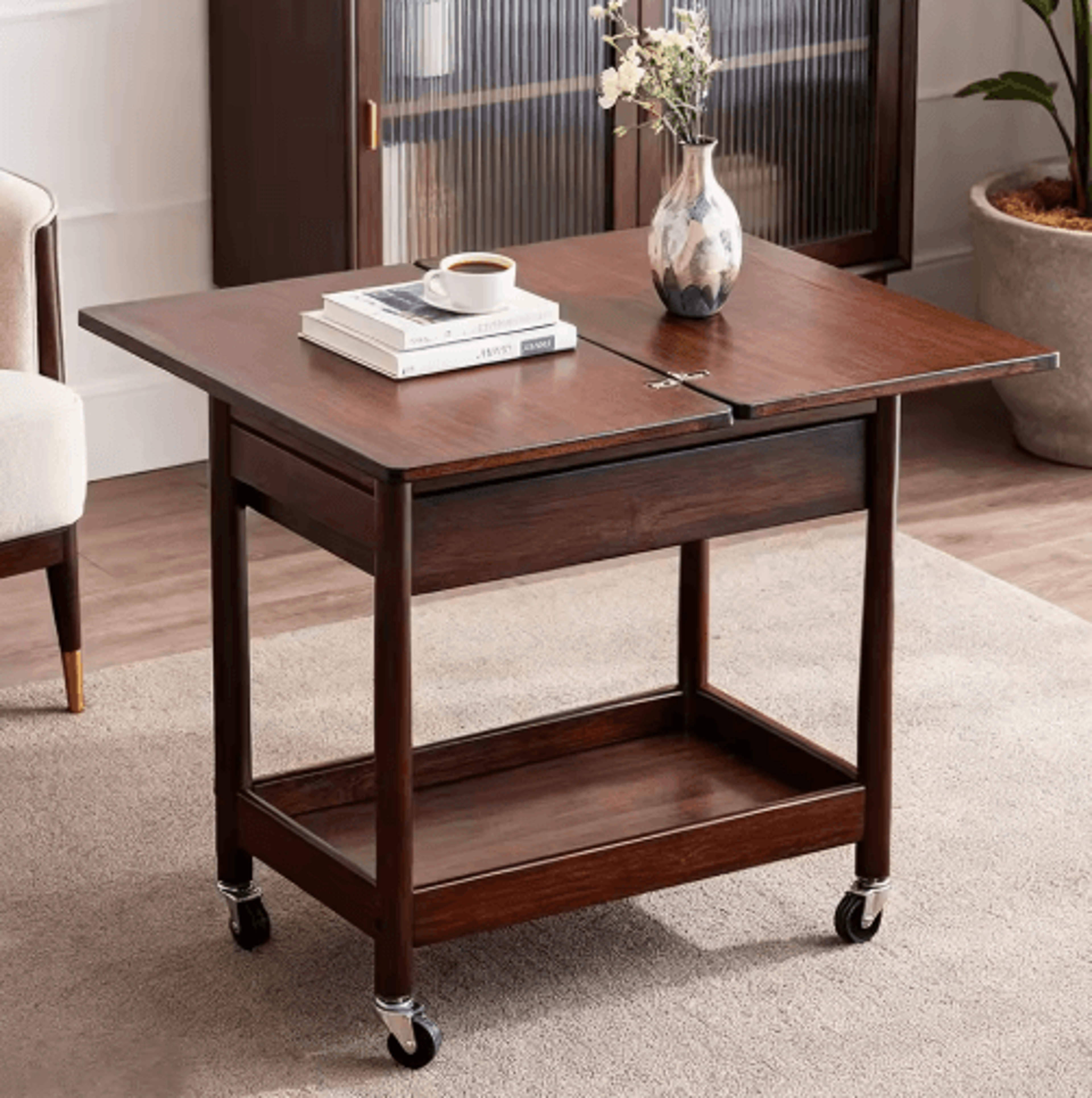 Extendable Foldable Dining Table With Drawer And Wheels Space Saving Farmhouse Table Walnut 0