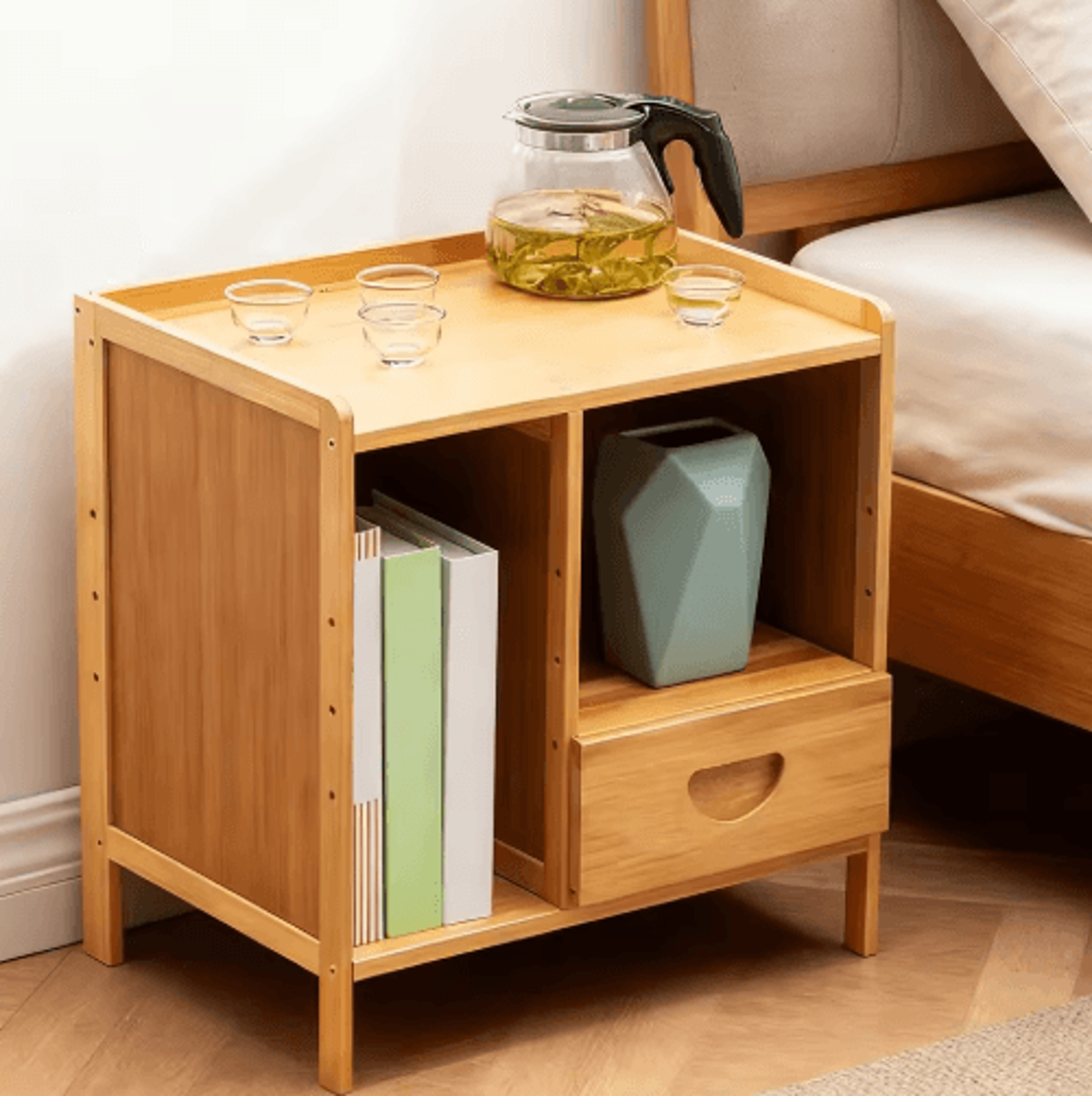 Bamboo Nightstand Storage Cabinet Space Saving Drawer And Shelf Organizer 0