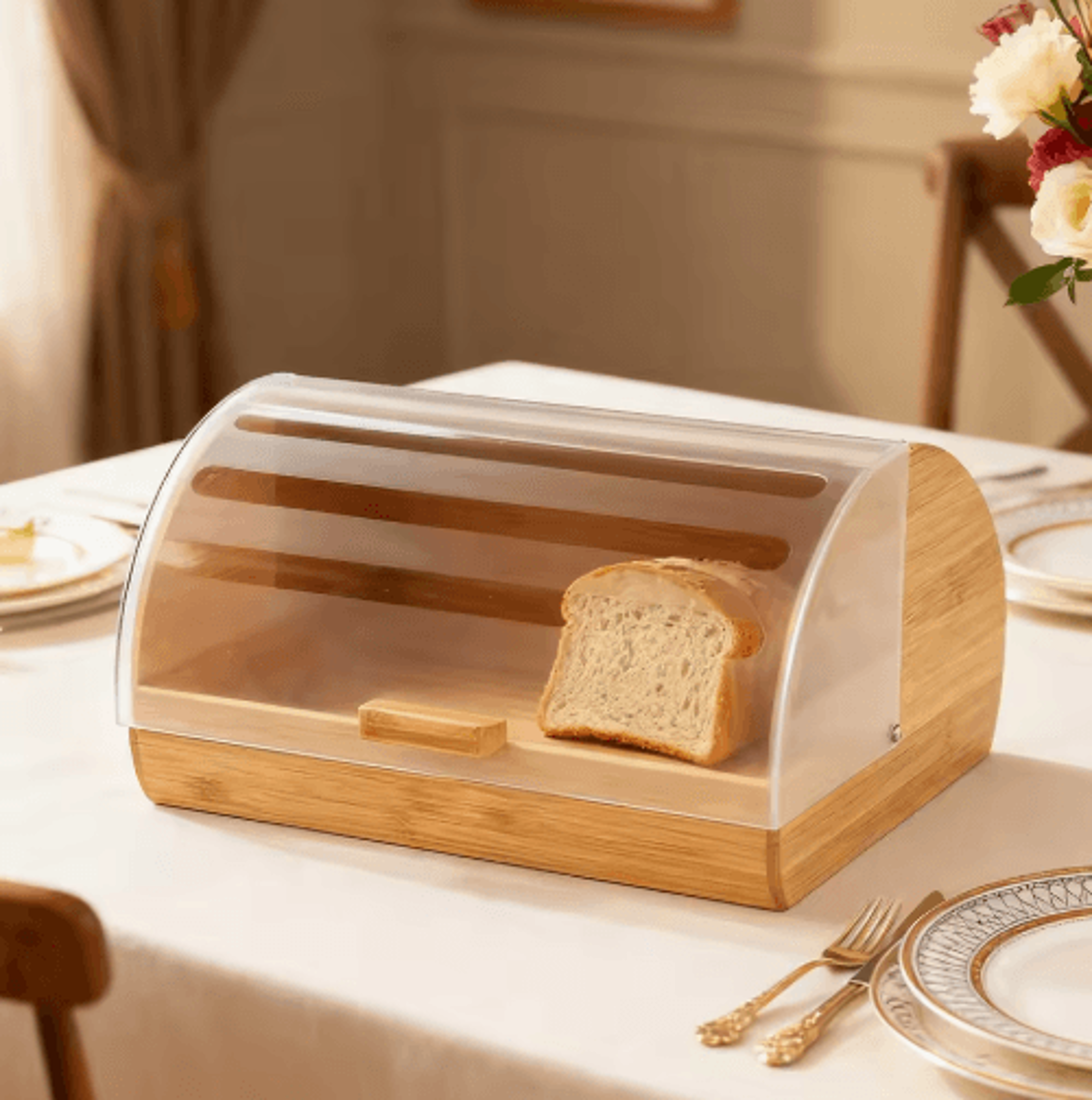 Farmhouse Bamboo Roll Top Bread Box Space Saving Airtight Kitchen Storage With Clear Acrylic Lid 2
