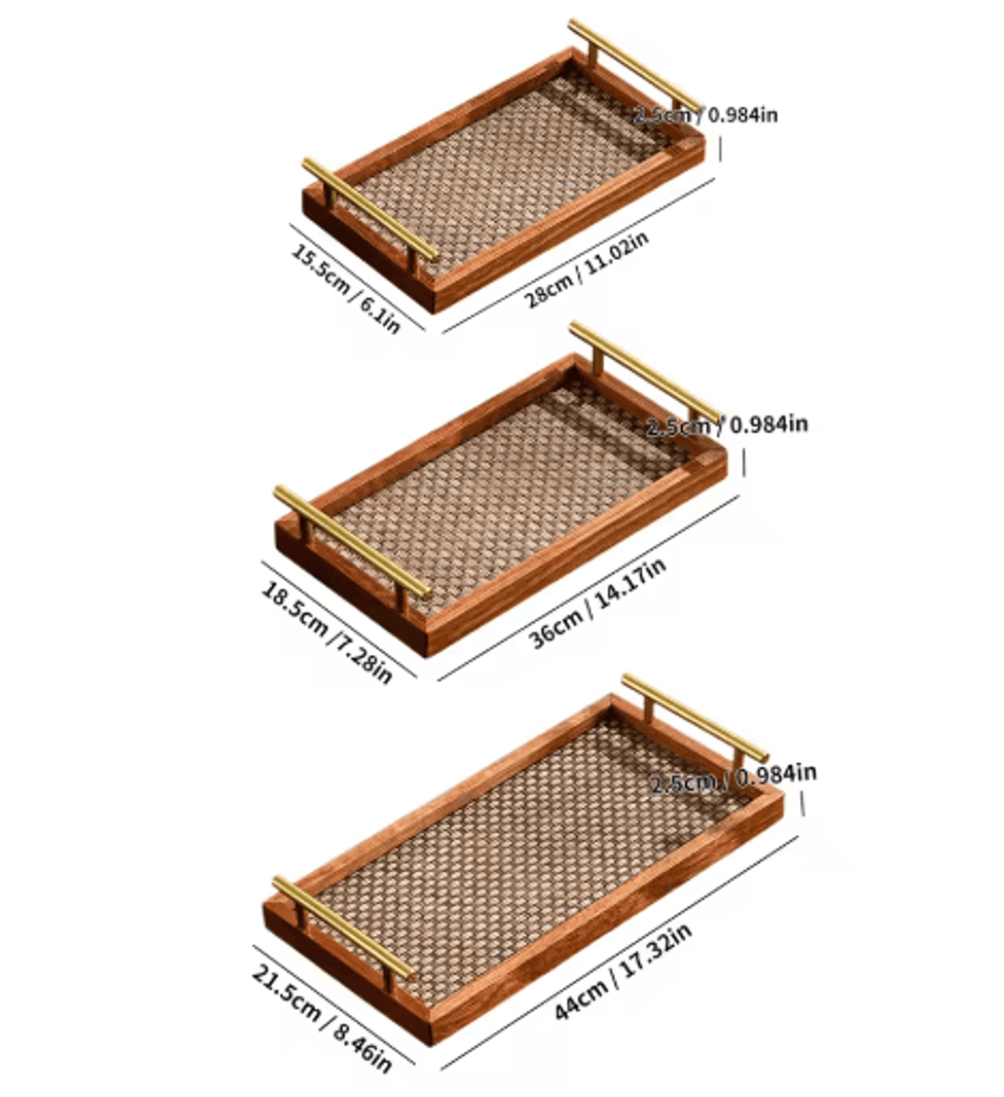 Solid Wood Bohemian Serving Tray Rustic Decor With Gold Handles And Woven Bottom 173 1