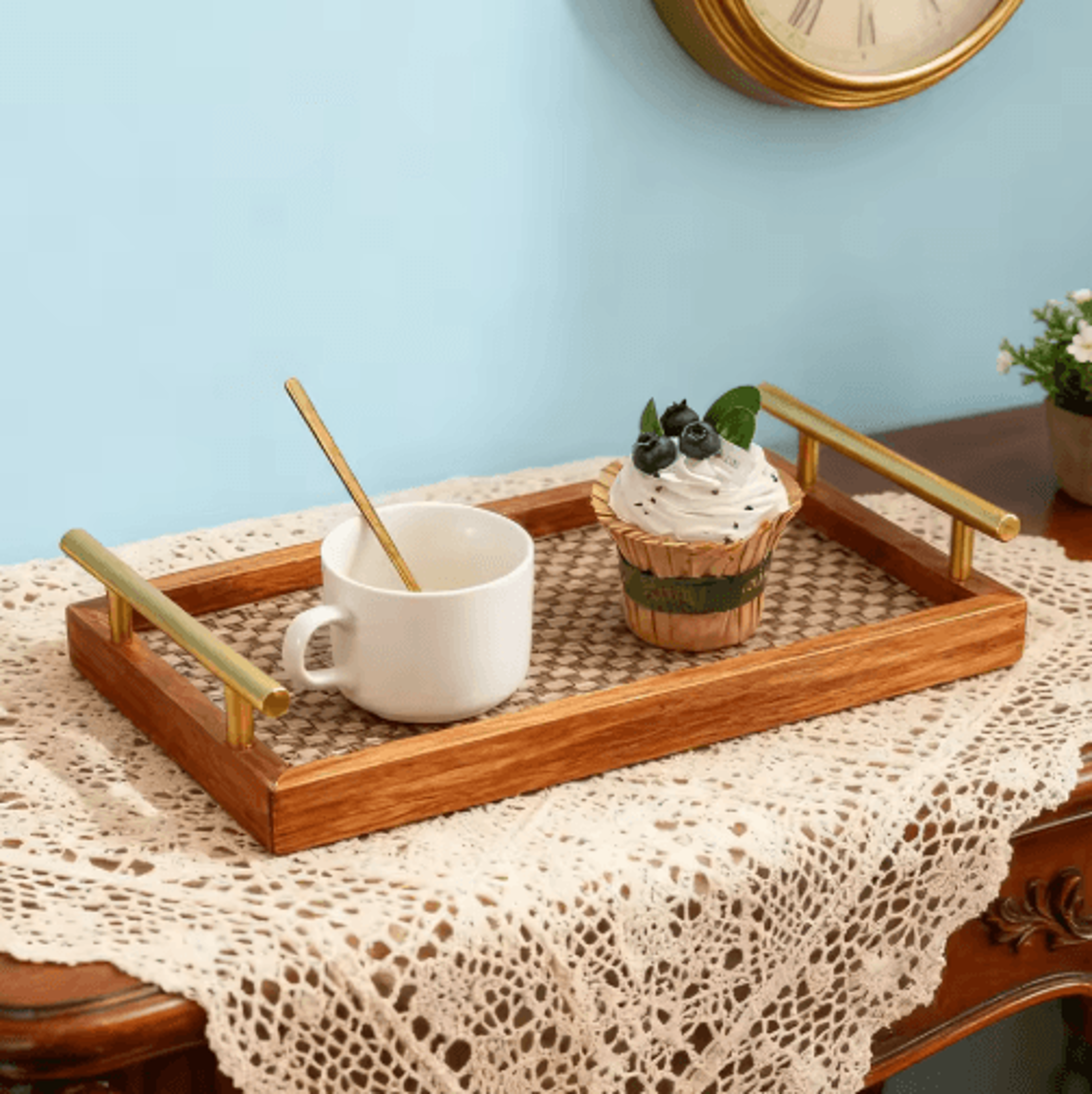 Solid Wood Bohemian Serving Tray Rustic Decor With Gold Handles And Woven Bottom 173 8