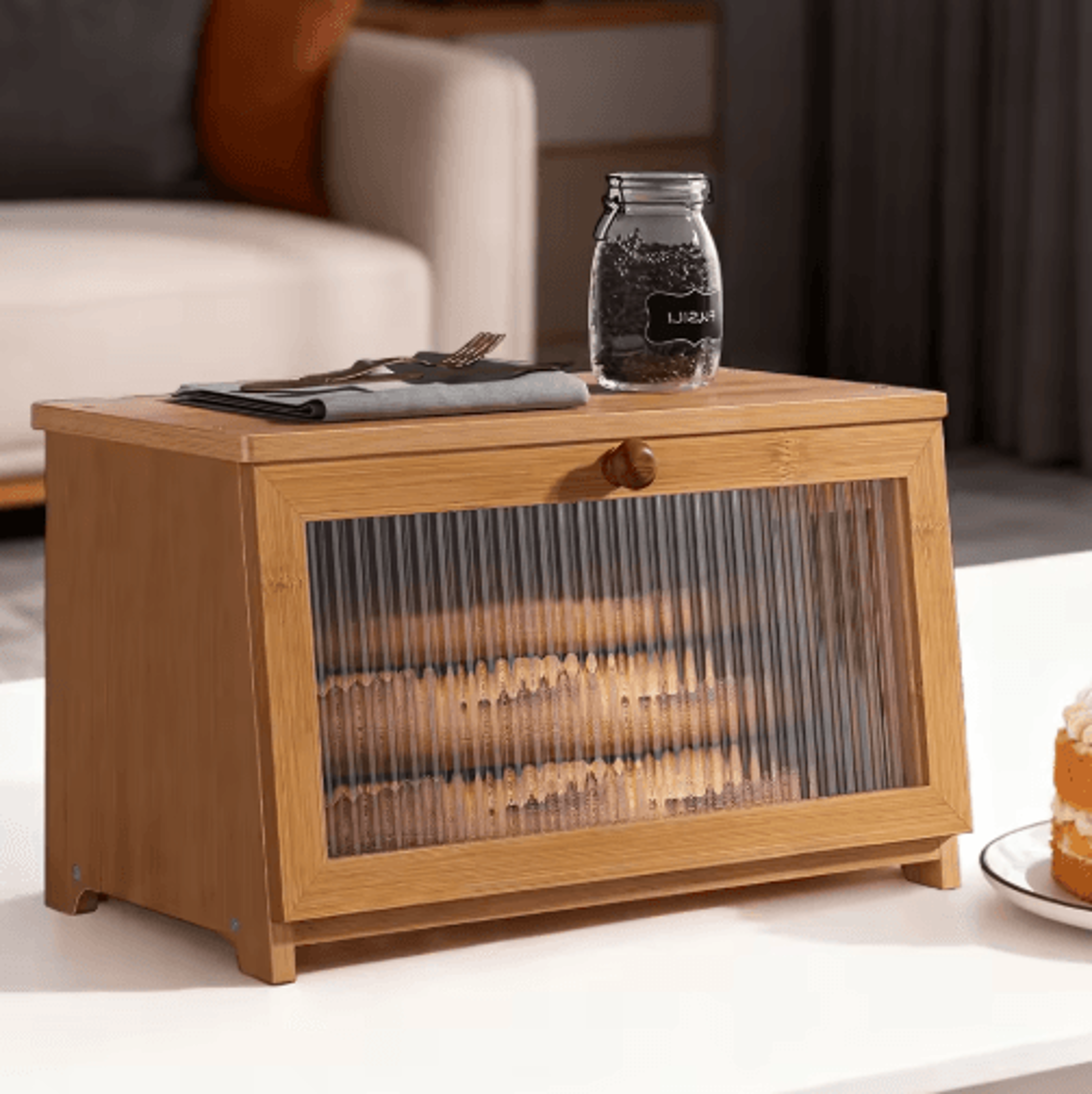 Large Modern Bamboo Bread Box Corner Friendly Countertop Storage With Clear Acrylic Window 4