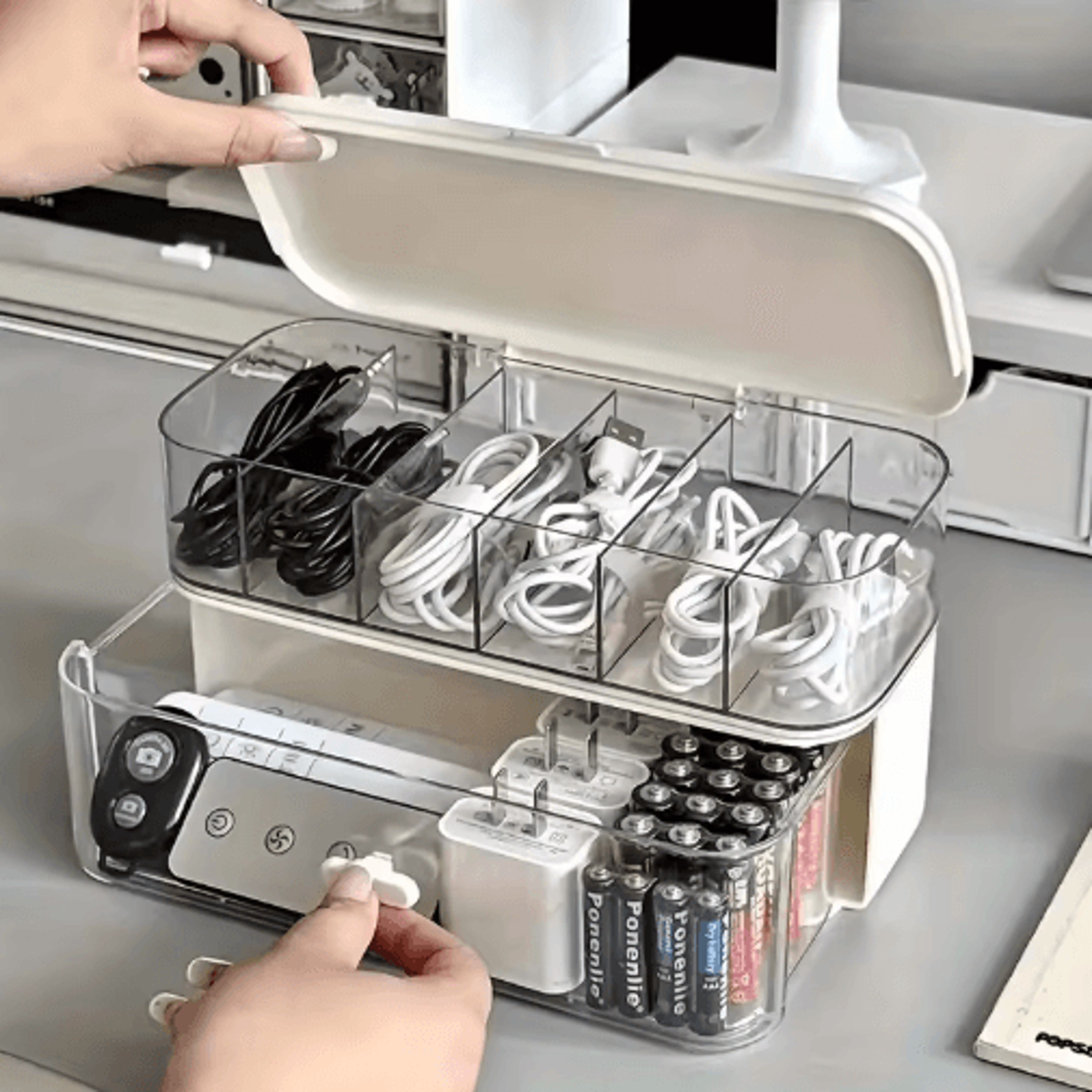 Double Layer Transparent Cable Organizer Box Compact Desktop Cord And Charger Storage 0