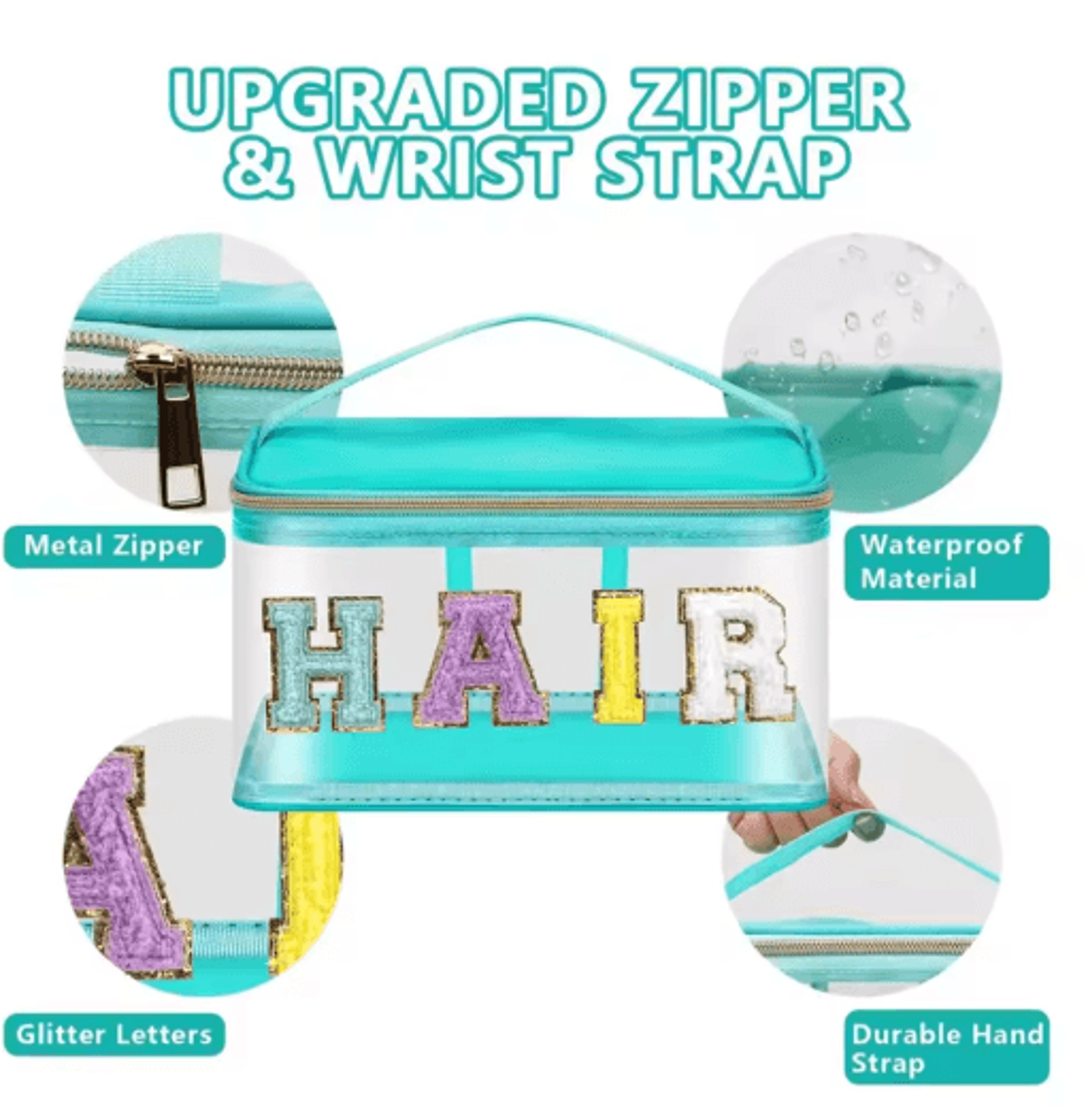 Green Transparent Makeup Bag Large Capacity Cosmetic And Toiletry Organizer With HAIR Letter Design 3