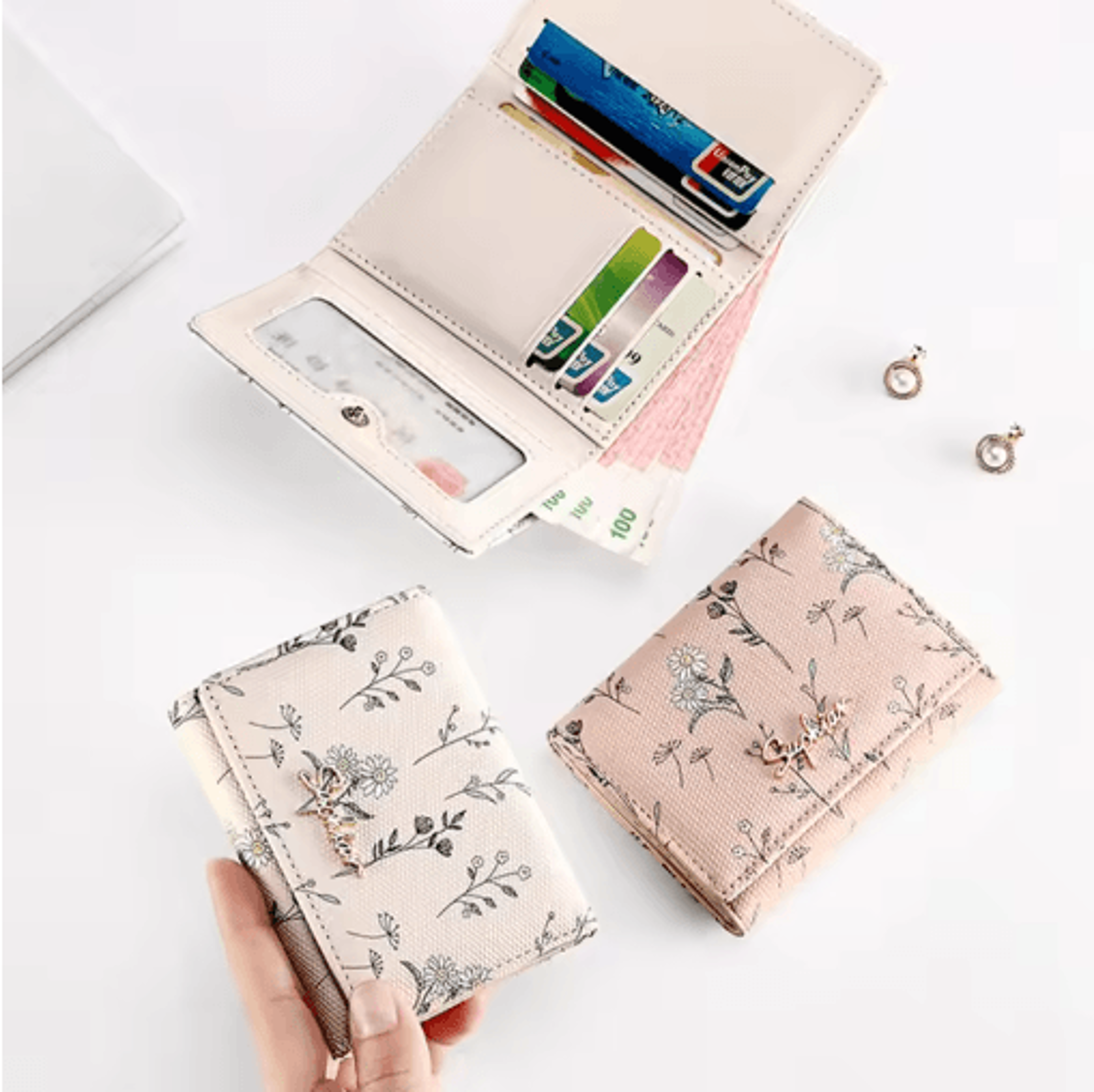 Womens PU Leather Wallet Flower Printed Short Slim Coin Purse With Card Holder 13