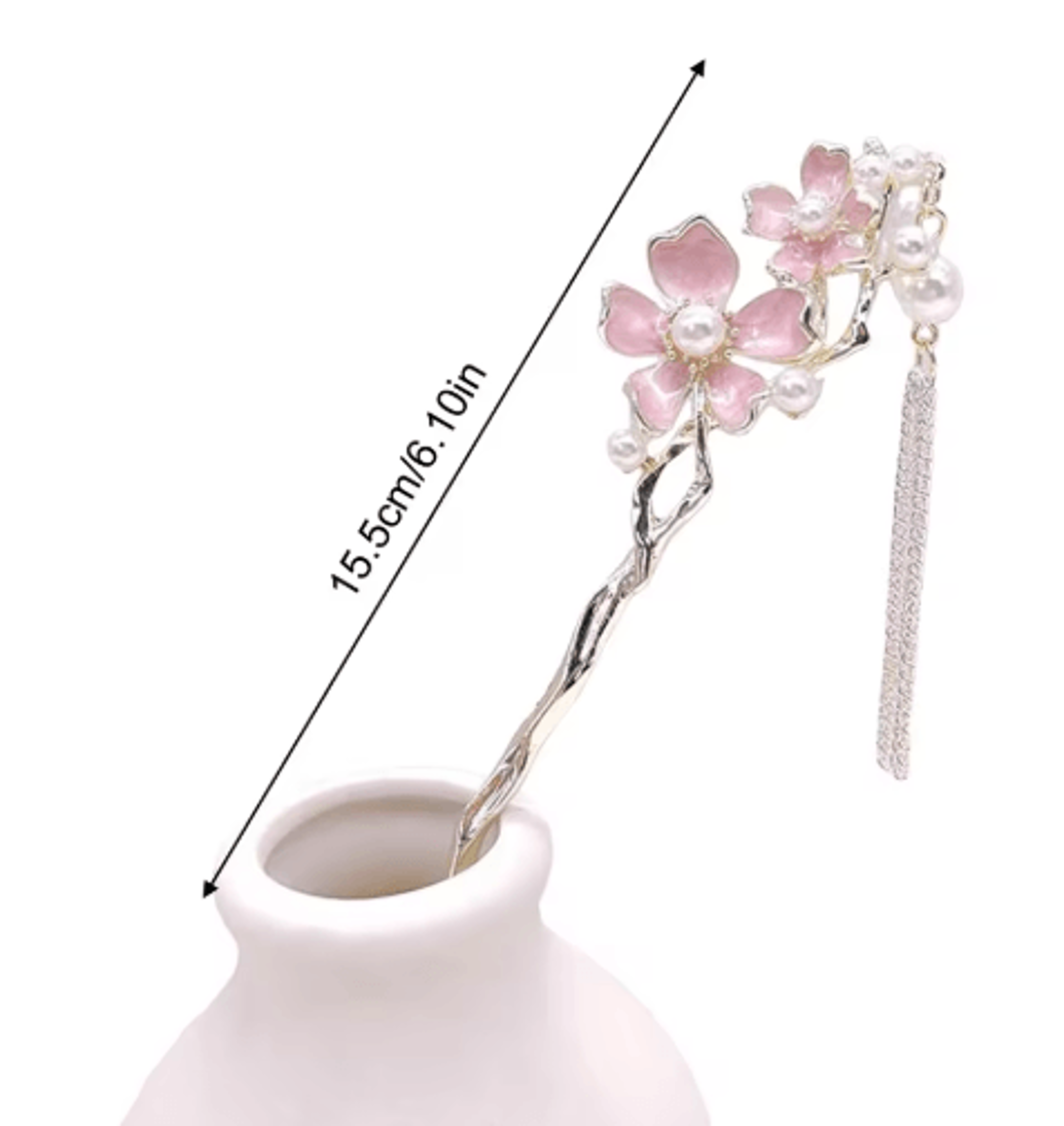 Retro Chinese Style Hair Sticks Forks Pink Flower Alloy Hairpins With Pearl Chain Tassel 2
