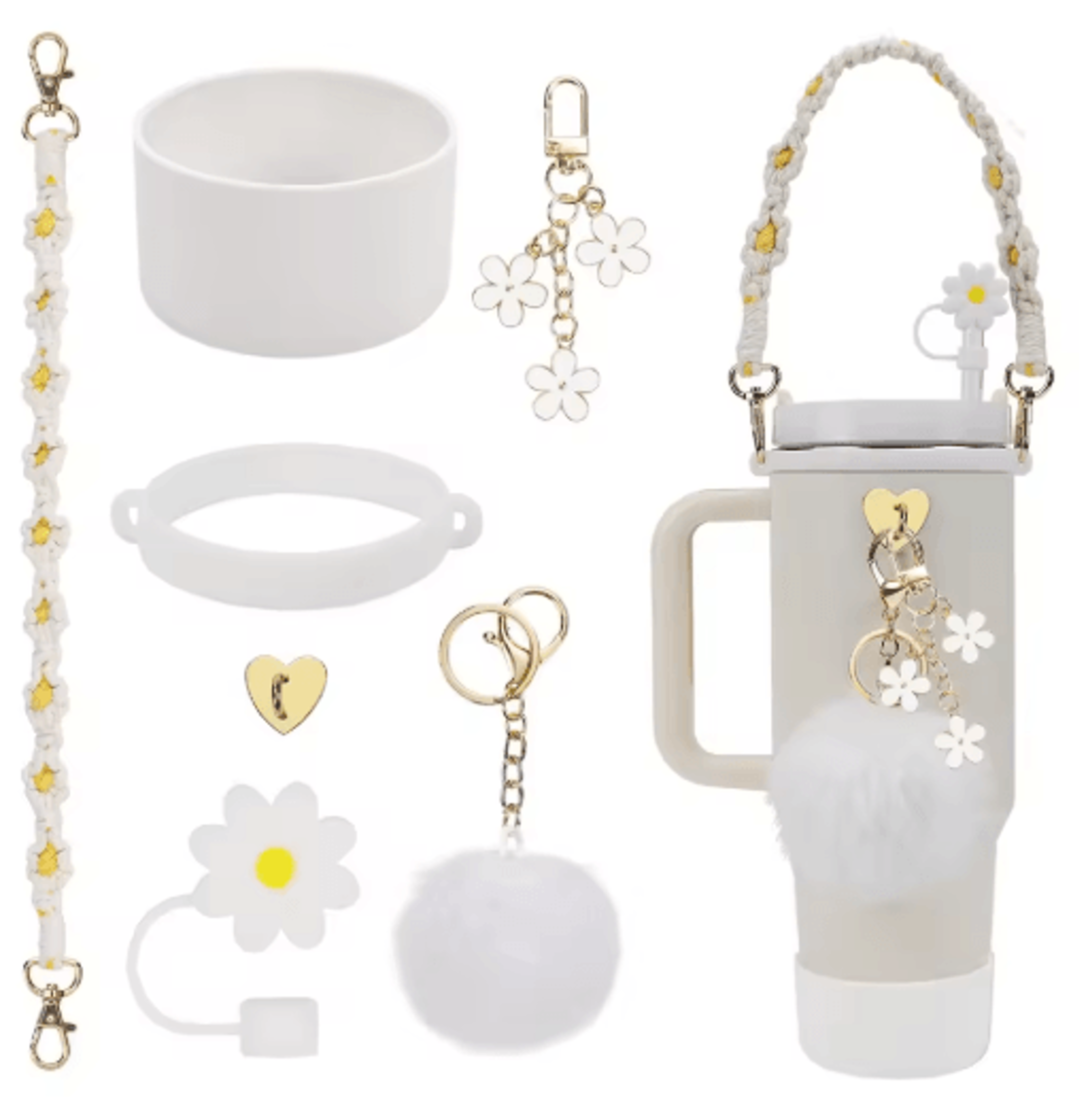 7PCS Stanley Cup Accessory Set Pink Flower Handle Strap Straw Cover And Decorative Charms 1