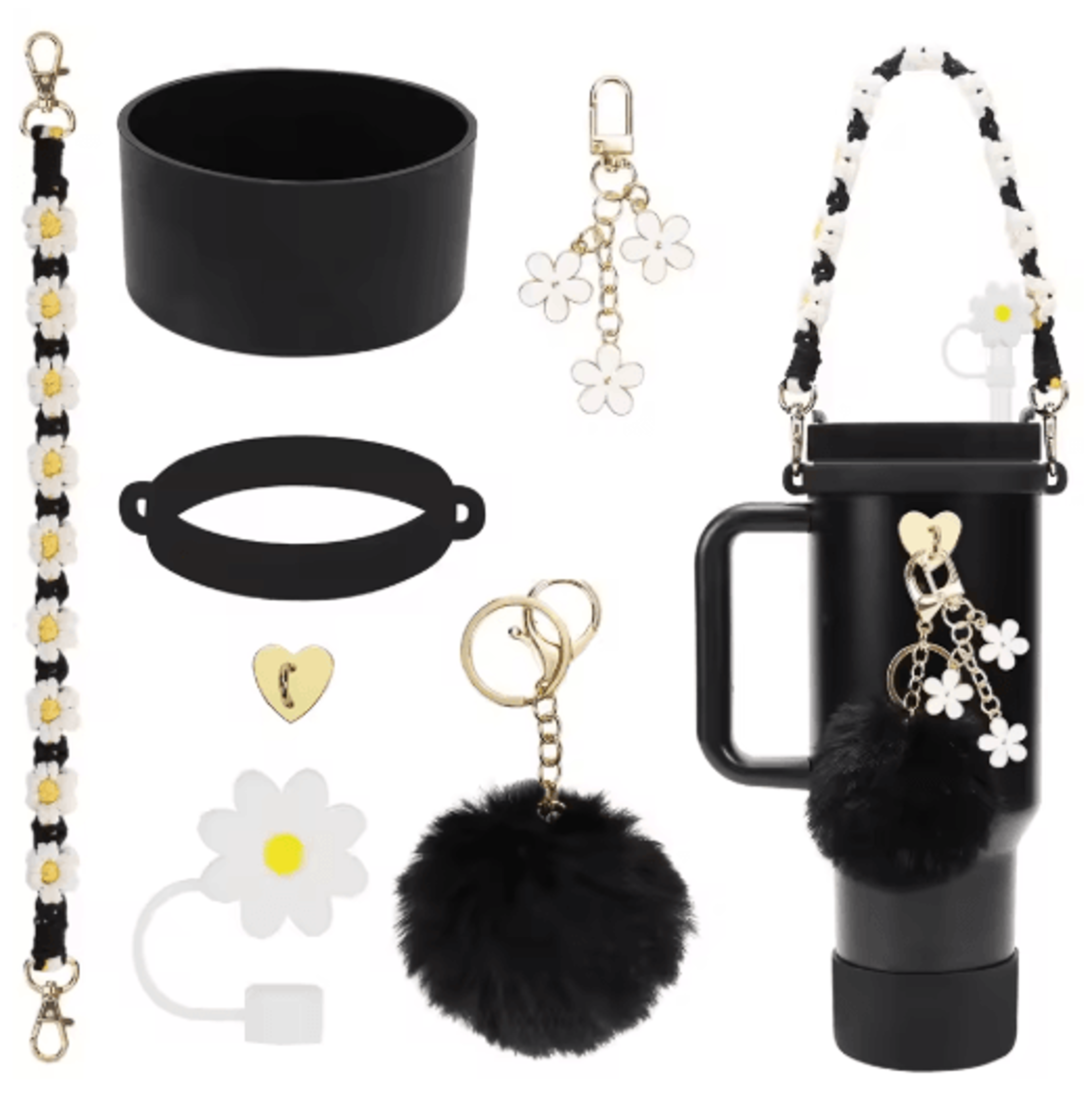 7PCS Stanley Cup Accessory Set Pink Flower Handle Strap Straw Cover And Decorative Charms 2