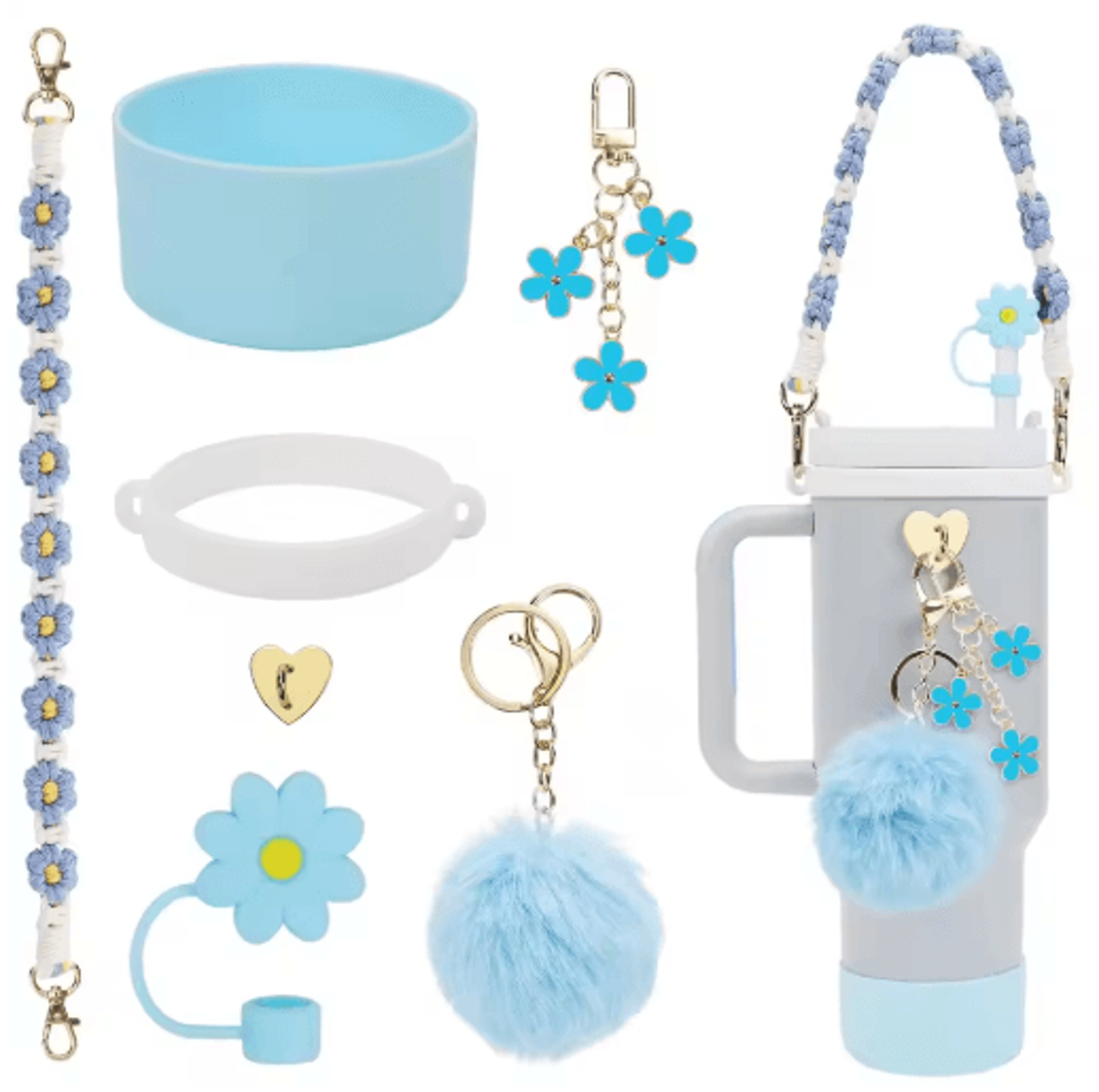 7PCS Stanley Cup Accessory Set Pink Flower Handle Strap Straw Cover And Decorative Charms 5