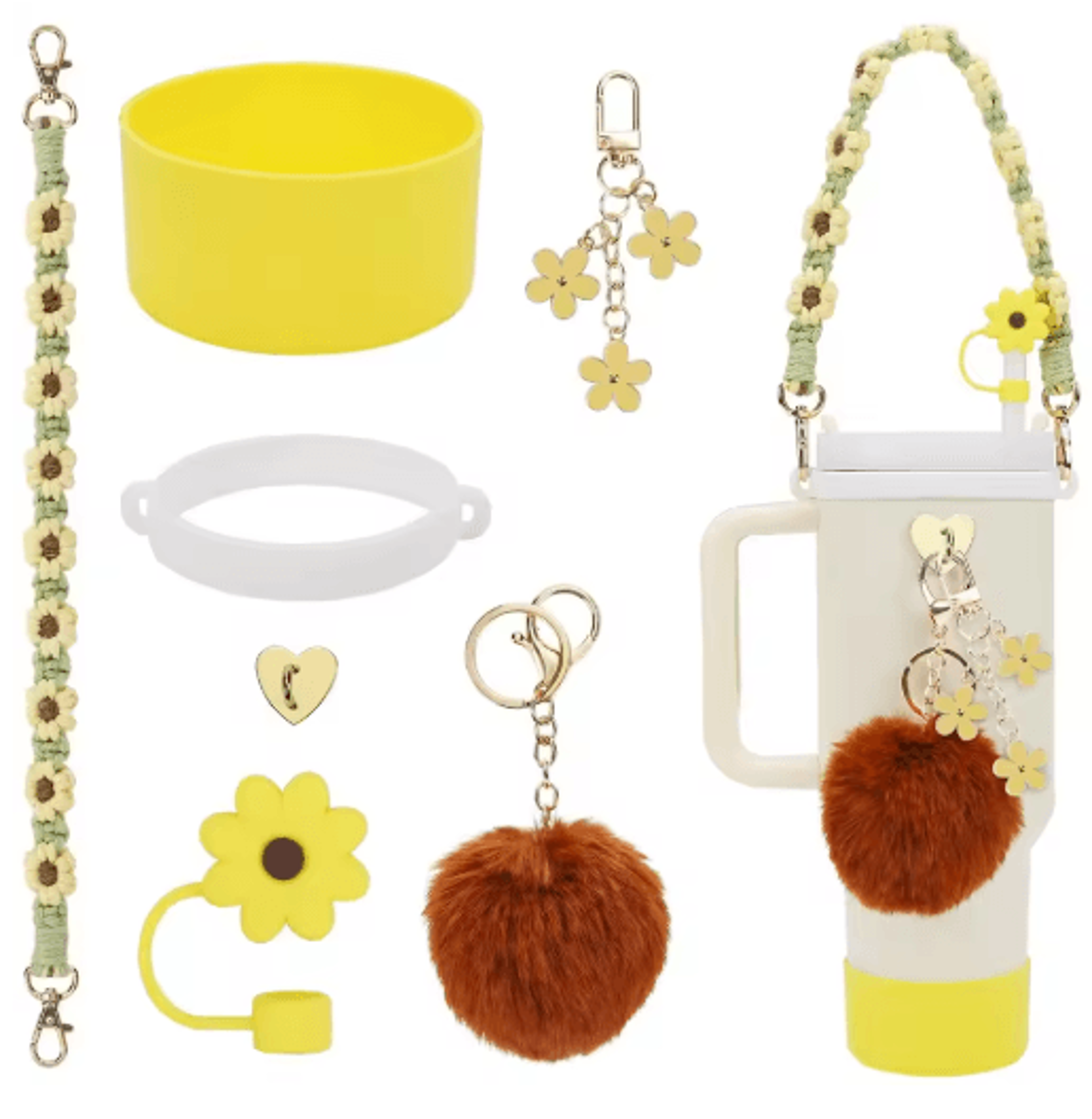 7PCS Stanley Cup Accessory Set Pink Flower Handle Strap Straw Cover And Decorative Charms 9