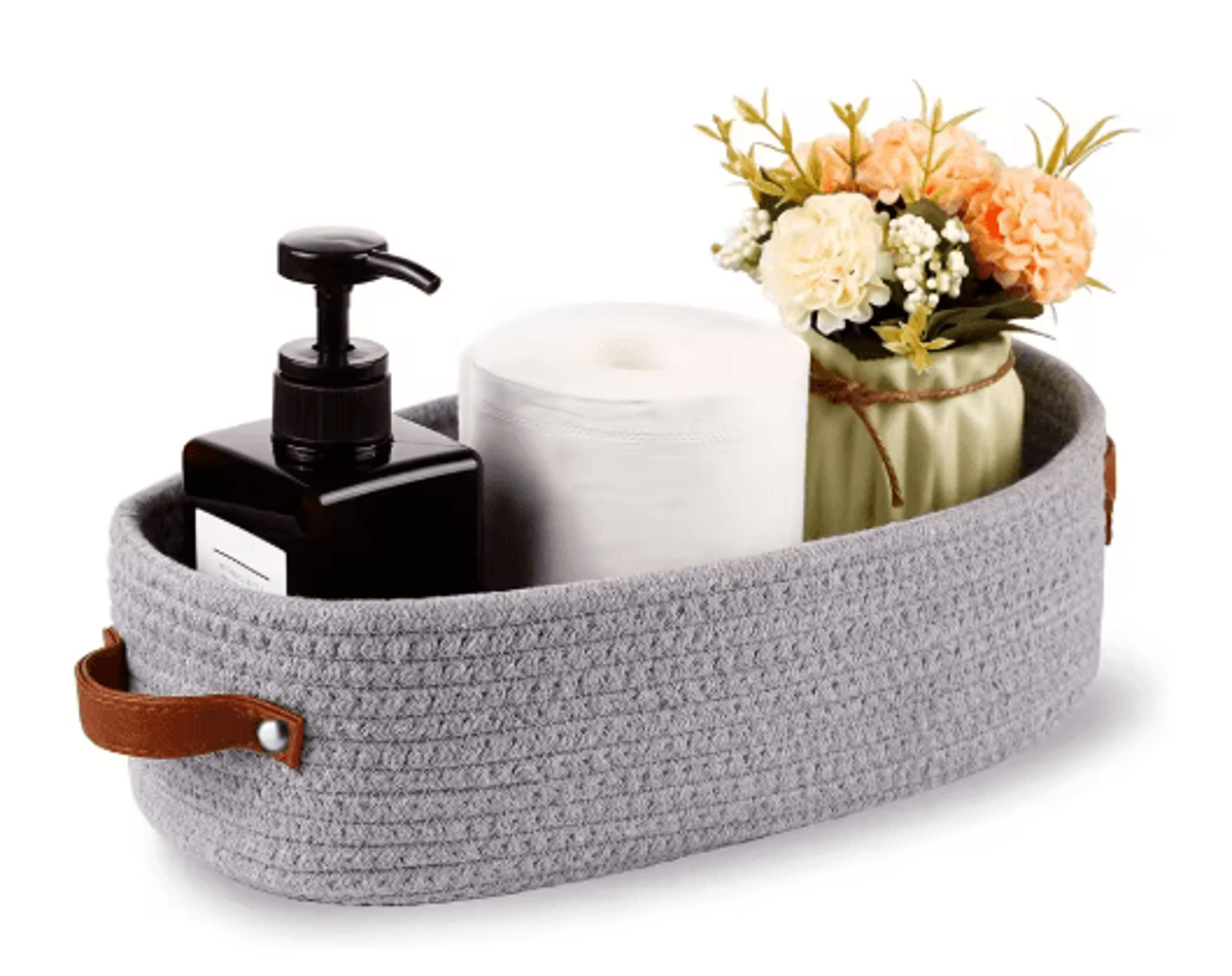 Elegant Oval Cotton Rope Storage Basket With Leather Handle Bathroom And Home Organizer 1