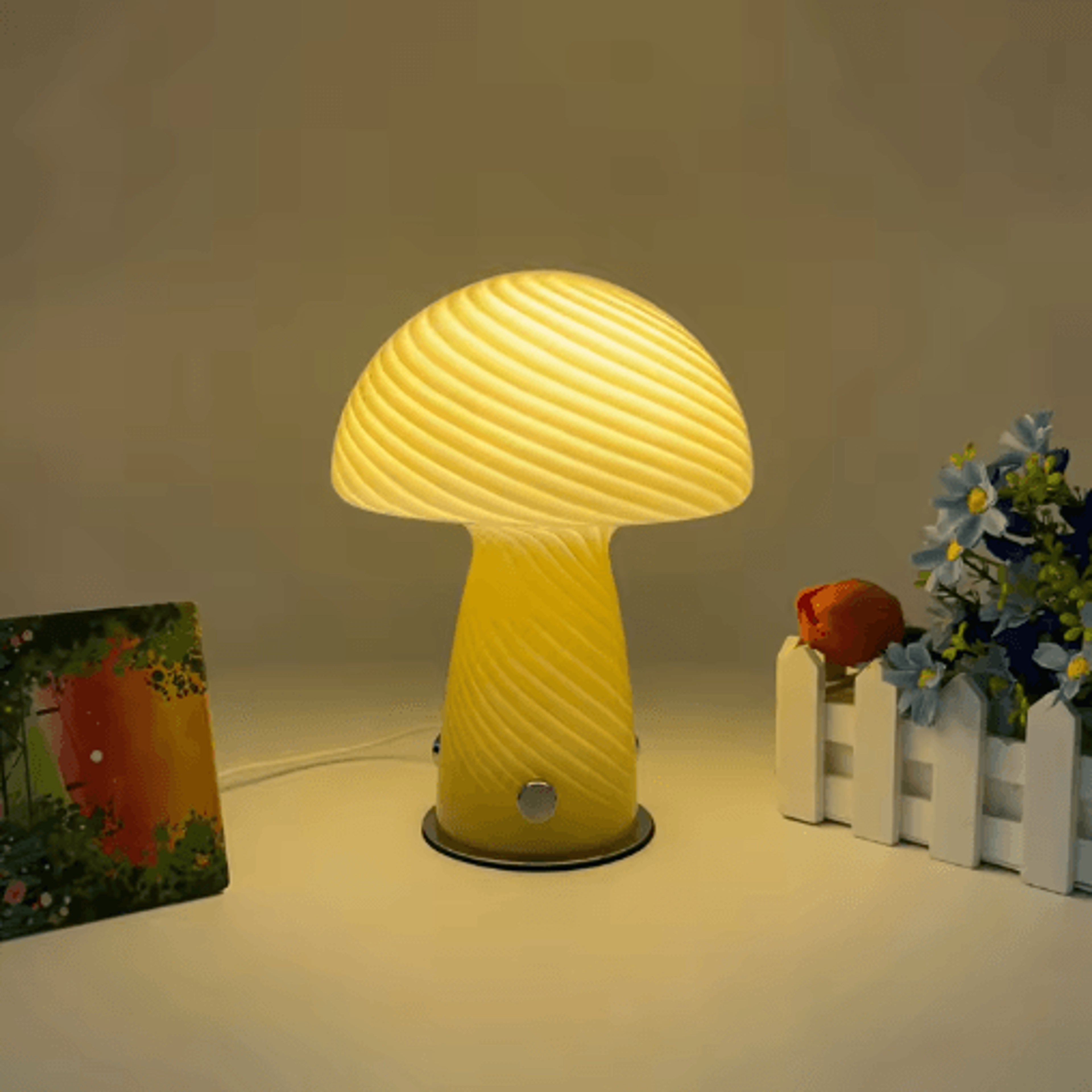 Cream Striped Mushroom Table Lamp Cozy Bedside Ambient Light For Bedroom And Living Room 3