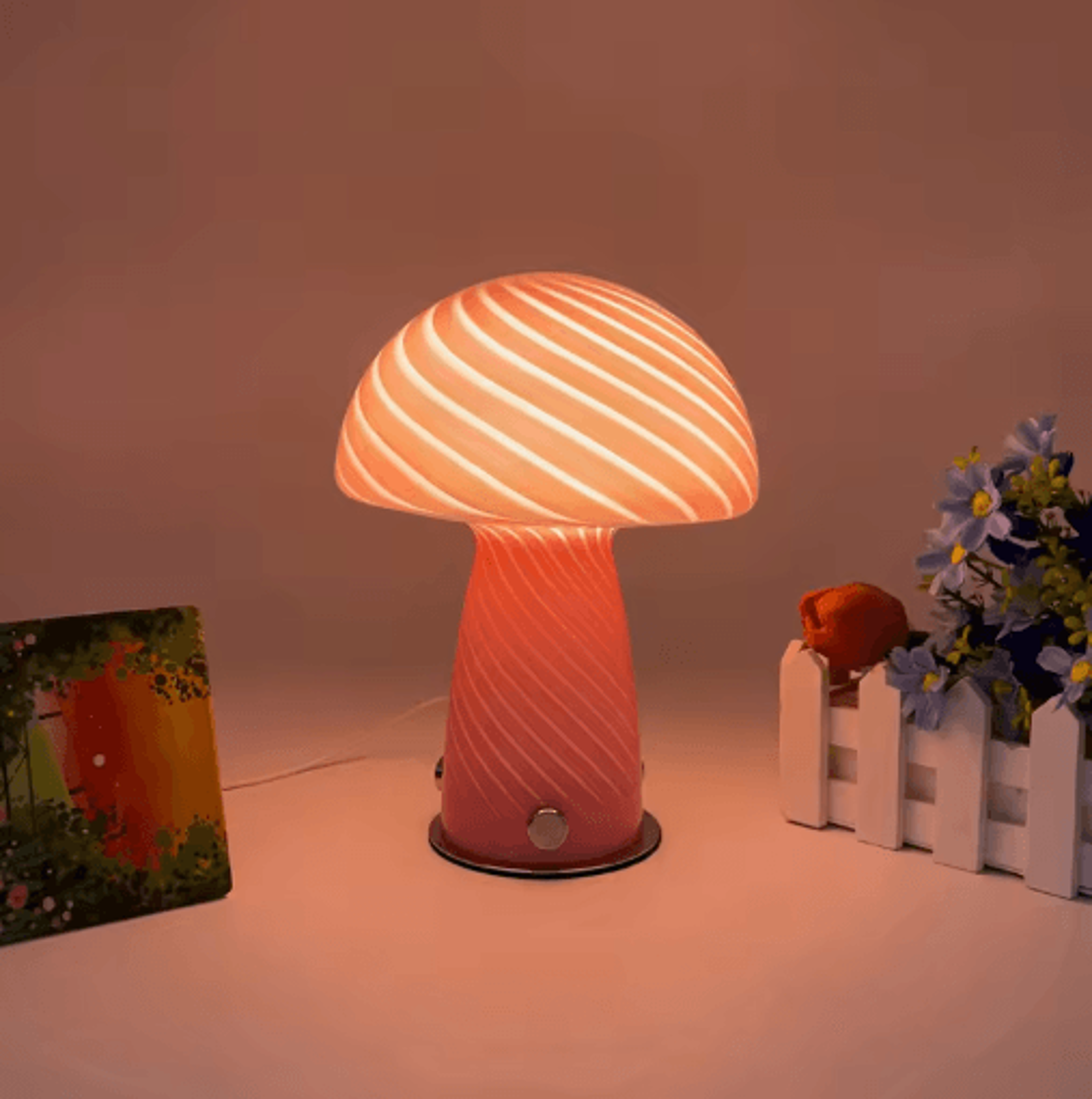 Cream Striped Mushroom Table Lamp Cozy Bedside Ambient Light For Bedroom And Living Room 6