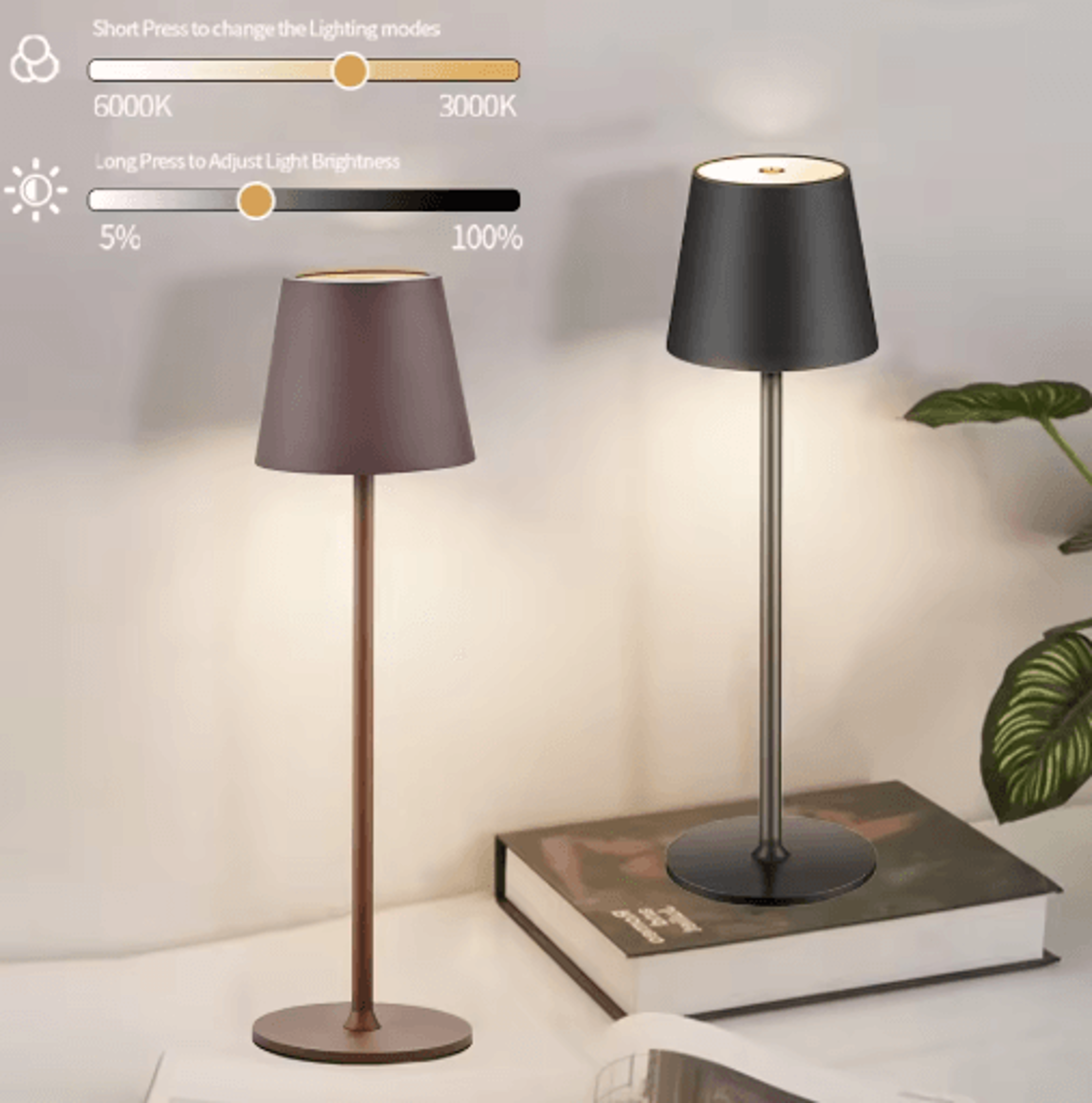 LED Cordless Table Lamp Portable Rechargeable Night Light With 3 Color Stepless Dimming 0