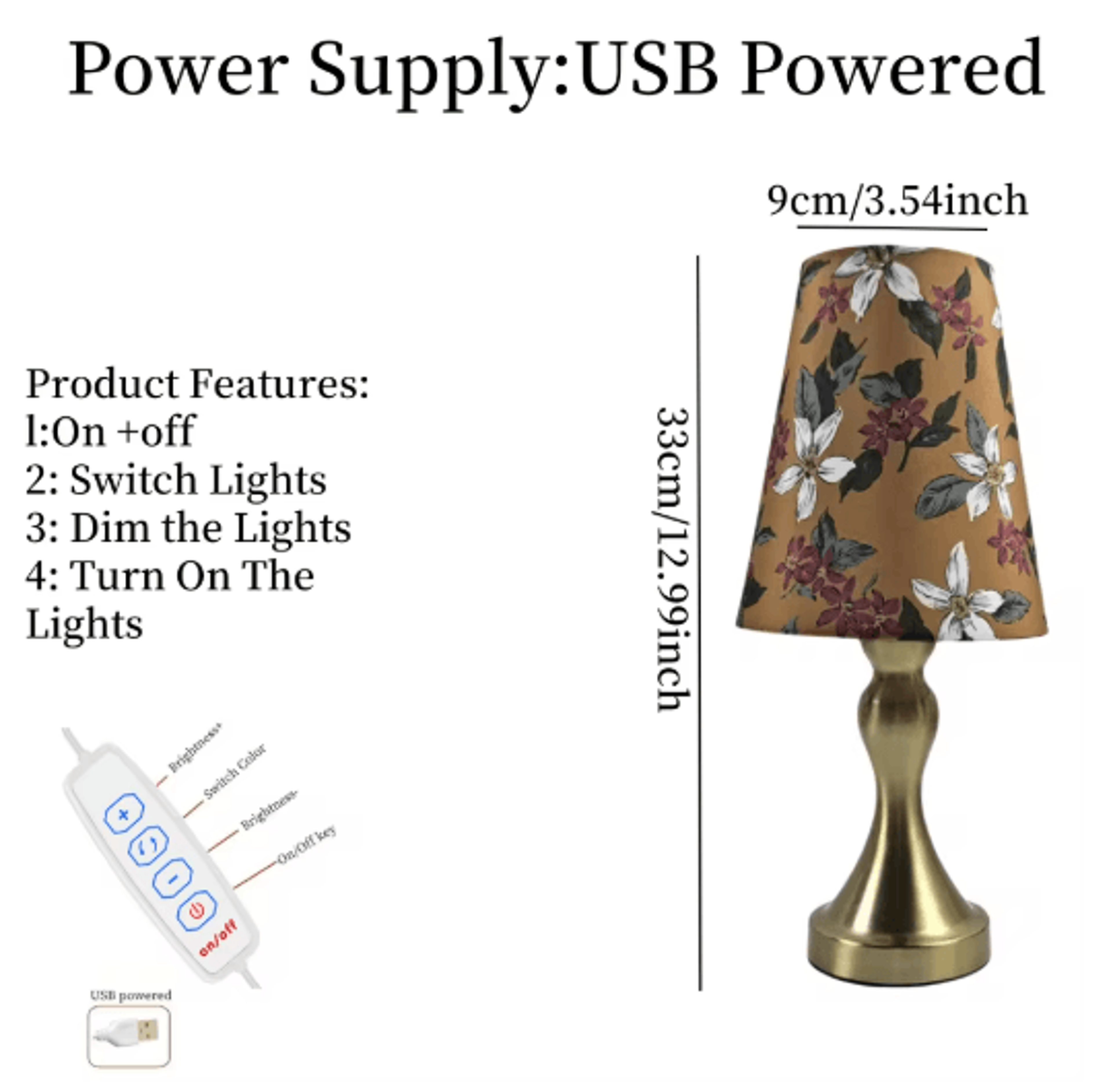 Table Lamp With Golden Base And Floral Fabric Shade USB Powered 3 Tone Dimmable Ambient Light 2